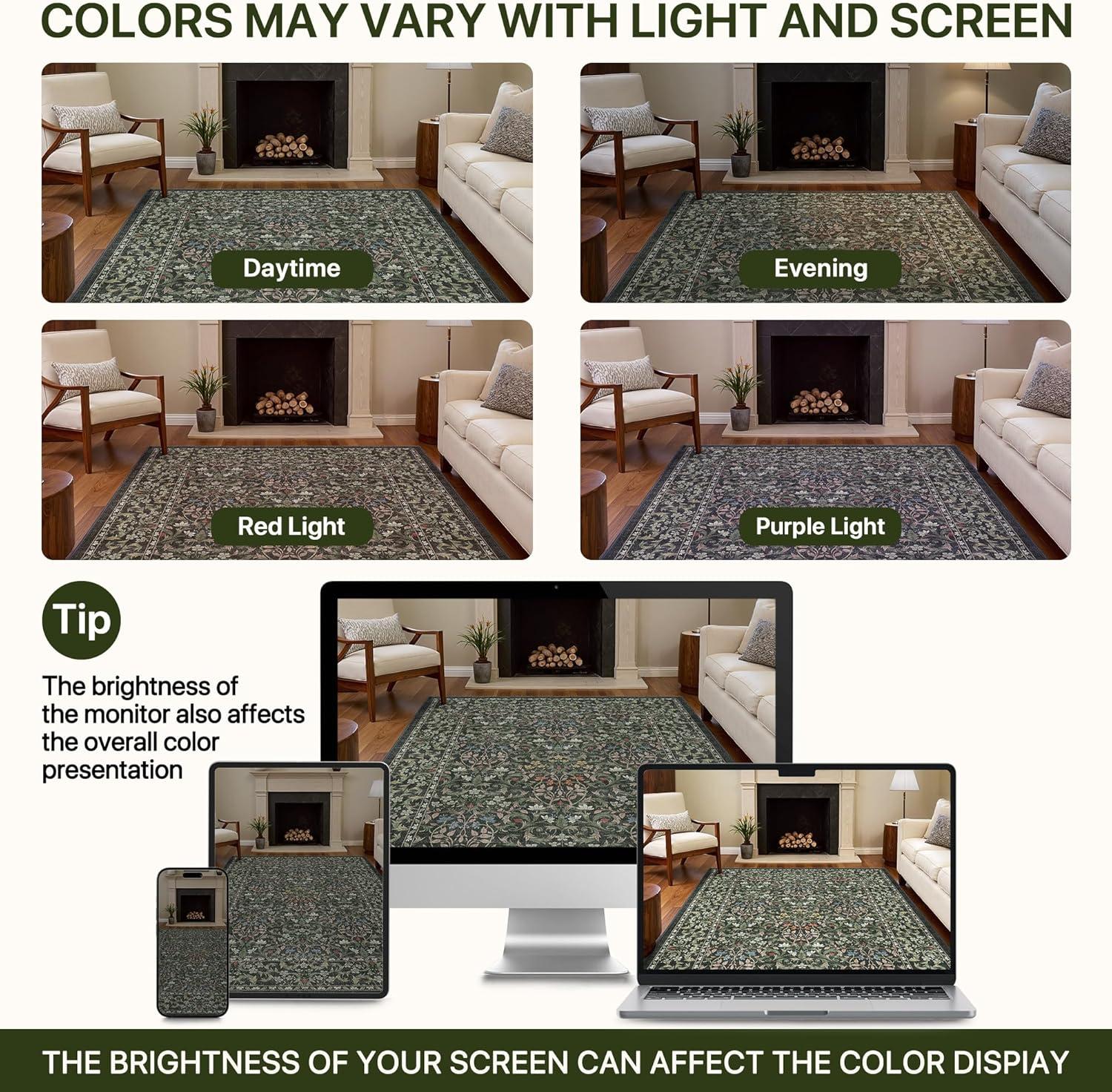imageGENIMO 6x9 Washable Area Rug NonSlip Vintage Boho Floral Carpet Soft LowPile Thin Living Room Rug for Bedroom Dining Room Nursery Dark GreenEmerald Green