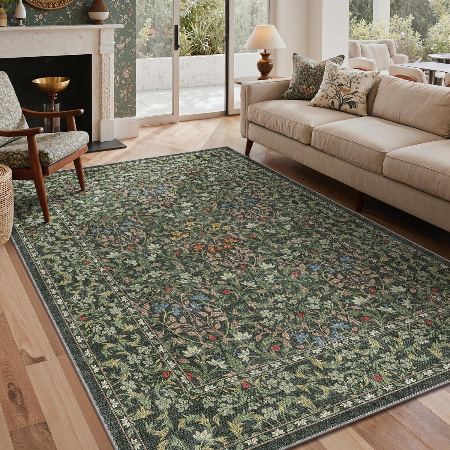 imageGENIMO 6x9 Washable Area Rug NonSlip Vintage Boho Floral Carpet Soft LowPile Thin Living Room Rug for Bedroom Dining Room Nursery Dark GreenEmerald Green