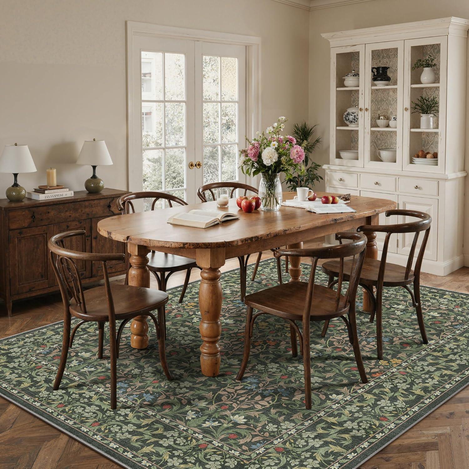 imageGENIMO 6x9 Washable Area Rug NonSlip Vintage Boho Floral Carpet Soft LowPile Thin Living Room Rug for Bedroom Dining Room Nursery Dark GreenEmerald Green
