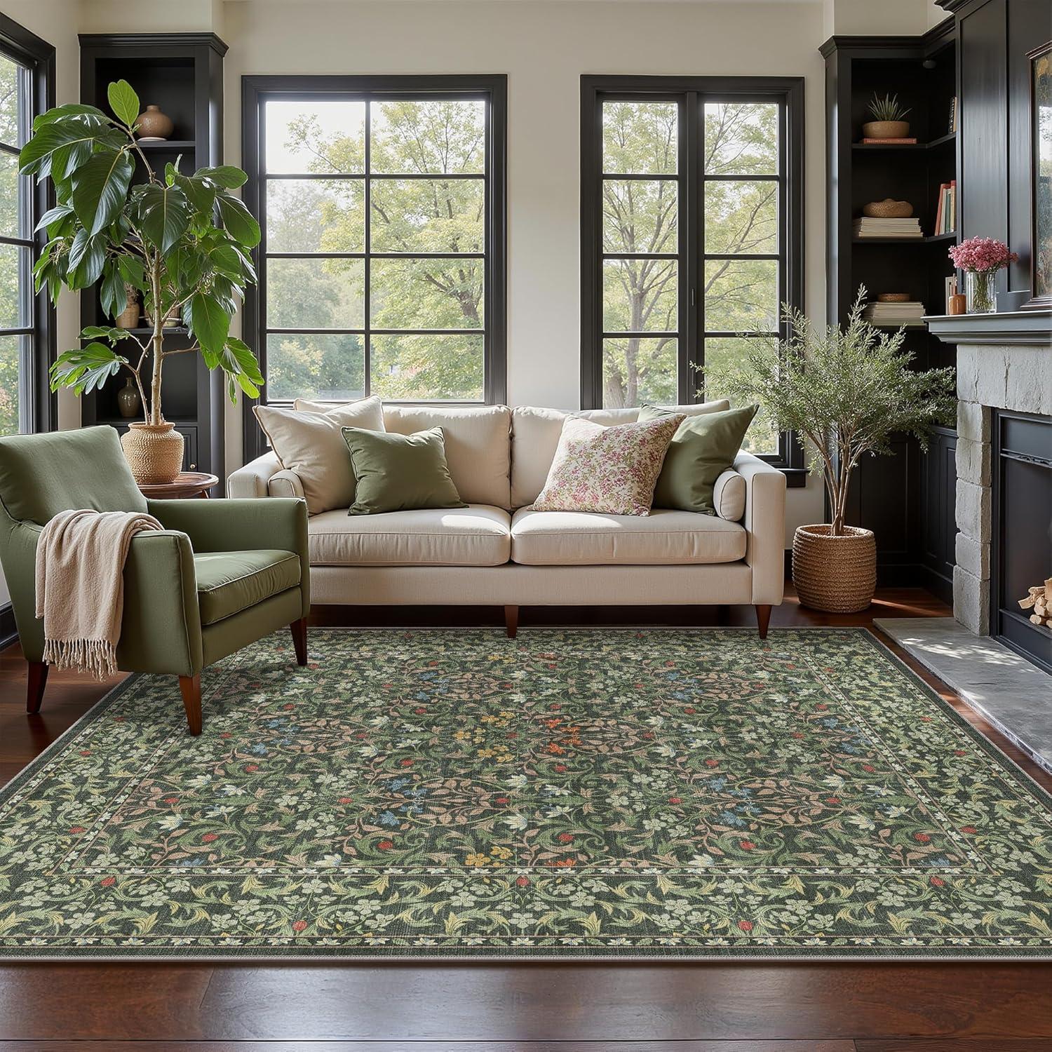 imageGENIMO 6x9 Washable Area Rug NonSlip Vintage Boho Floral Carpet Soft LowPile Thin Living Room Rug for Bedroom Dining Room Nursery Dark GreenEmerald Green