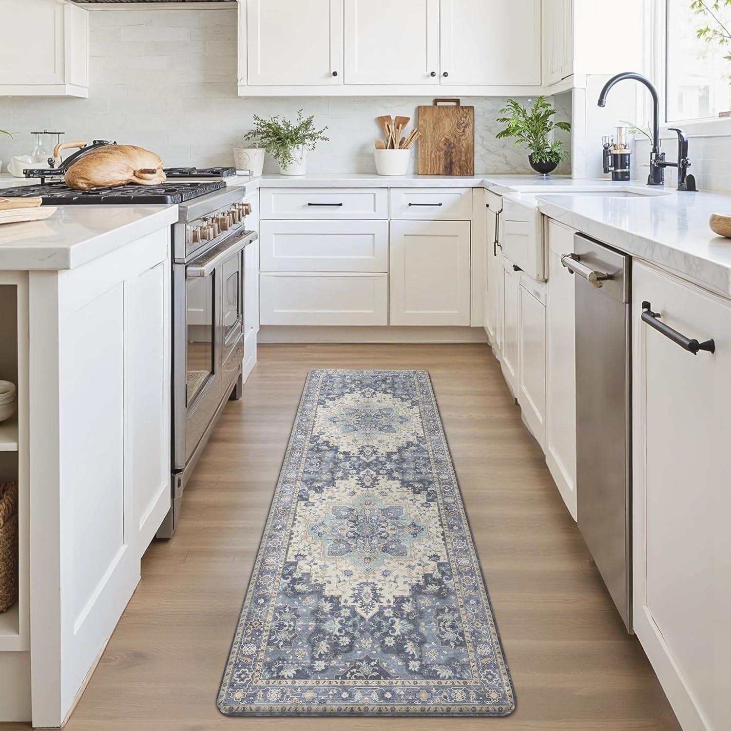 imageGENIMO Kitchen Mats for Floor 2PCs Washable Anti Fatigue Mat for Cushioned 173quotx47quot173quotx30quot Waterproof Kitchen Rugs Non Slip Comfort Standing Mat Rug for Home Sink Laundry Light GreenCenter Blue