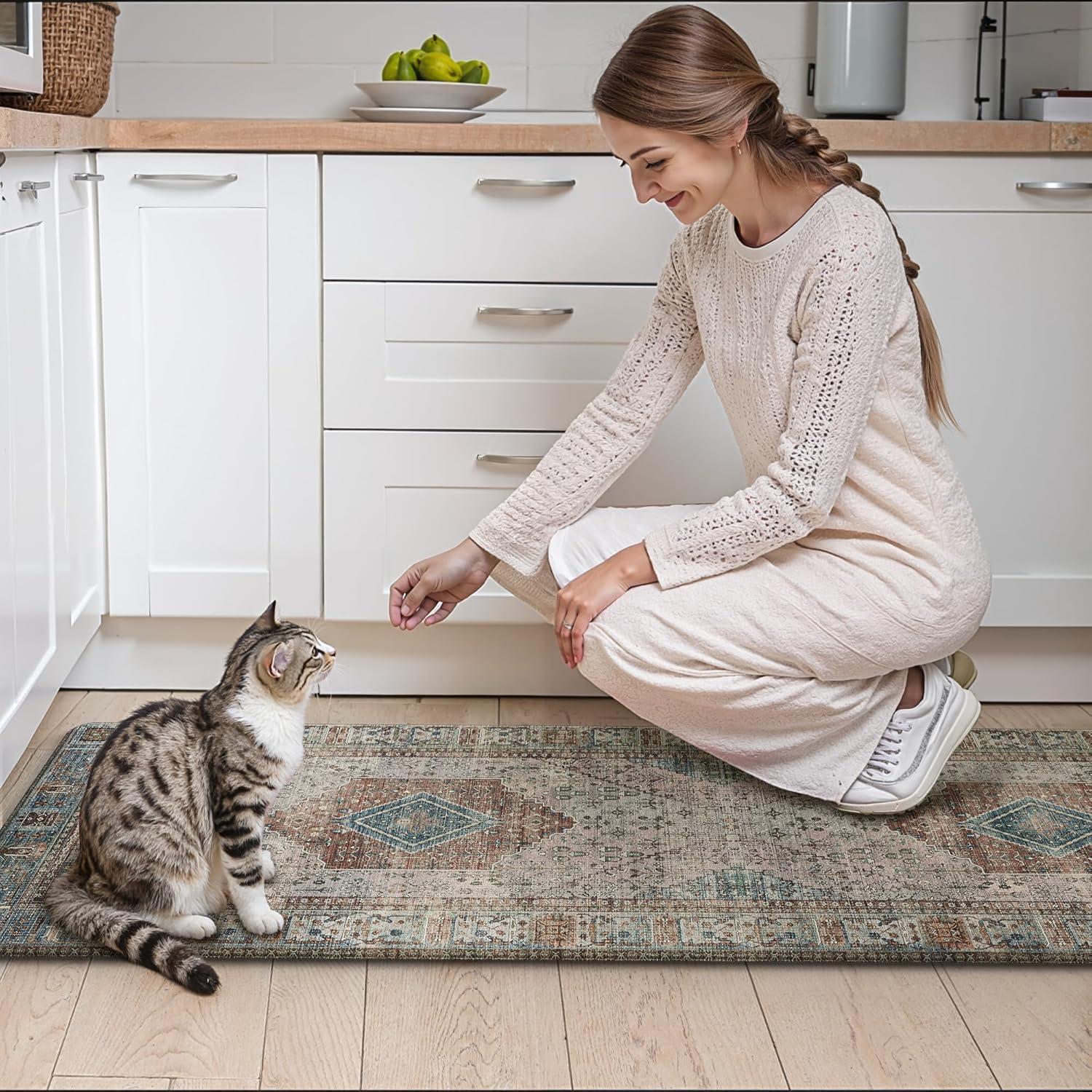 imageGENIMO Kitchen Mats for Floor 2PCs Washable Anti Fatigue Mat for Cushioned 173quotx47quot173quotx30quot Waterproof Kitchen Rugs Non Slip Comfort Standing Mat Rug for Home Sink Laundry Light GreenBrown