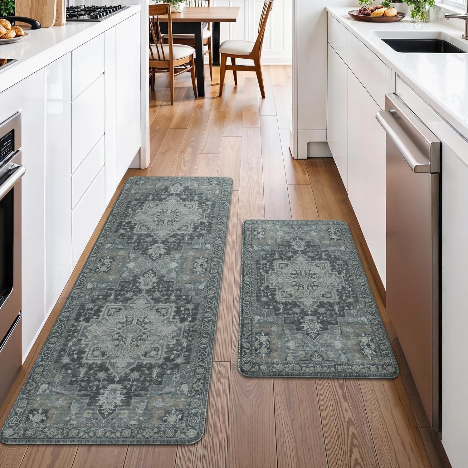 imageGENIMO Kitchen Mats for Floor 2PCs Washable Anti Fatigue Mat for Cushioned 173quotx47quot173quotx30quot Waterproof Kitchen Rugs Non Slip Comfort Standing Mat Rug for Home Sink Laundry Light GreenDark Gray
