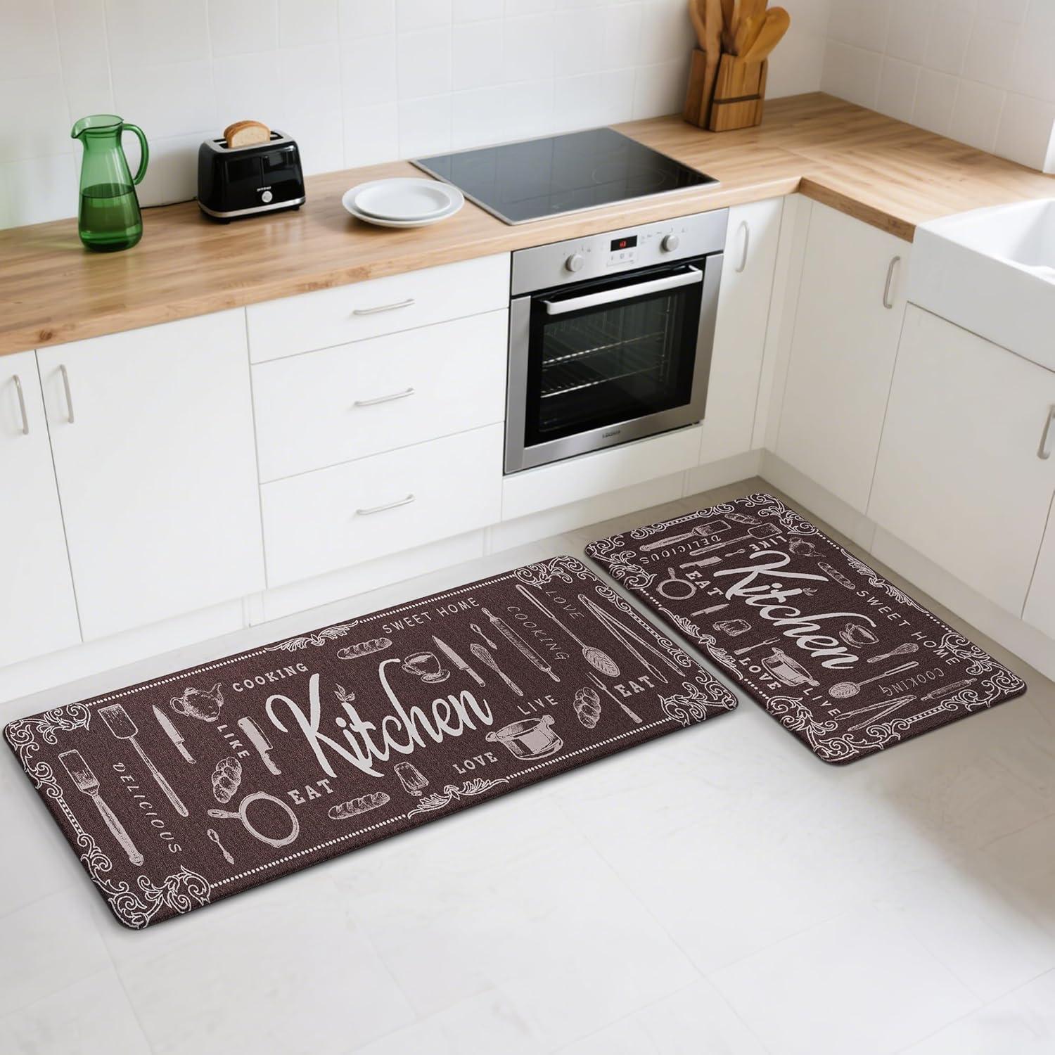 imageGENIMO Kitchen Mats for Floor 2PCs Washable Anti Fatigue Mat for Cushioned 173quotx47quot173quotx30quot Waterproof Kitchen Rugs Non Slip Comfort Standing Mat Rug for Home Sink Laundry Light GreenKitchenbrown