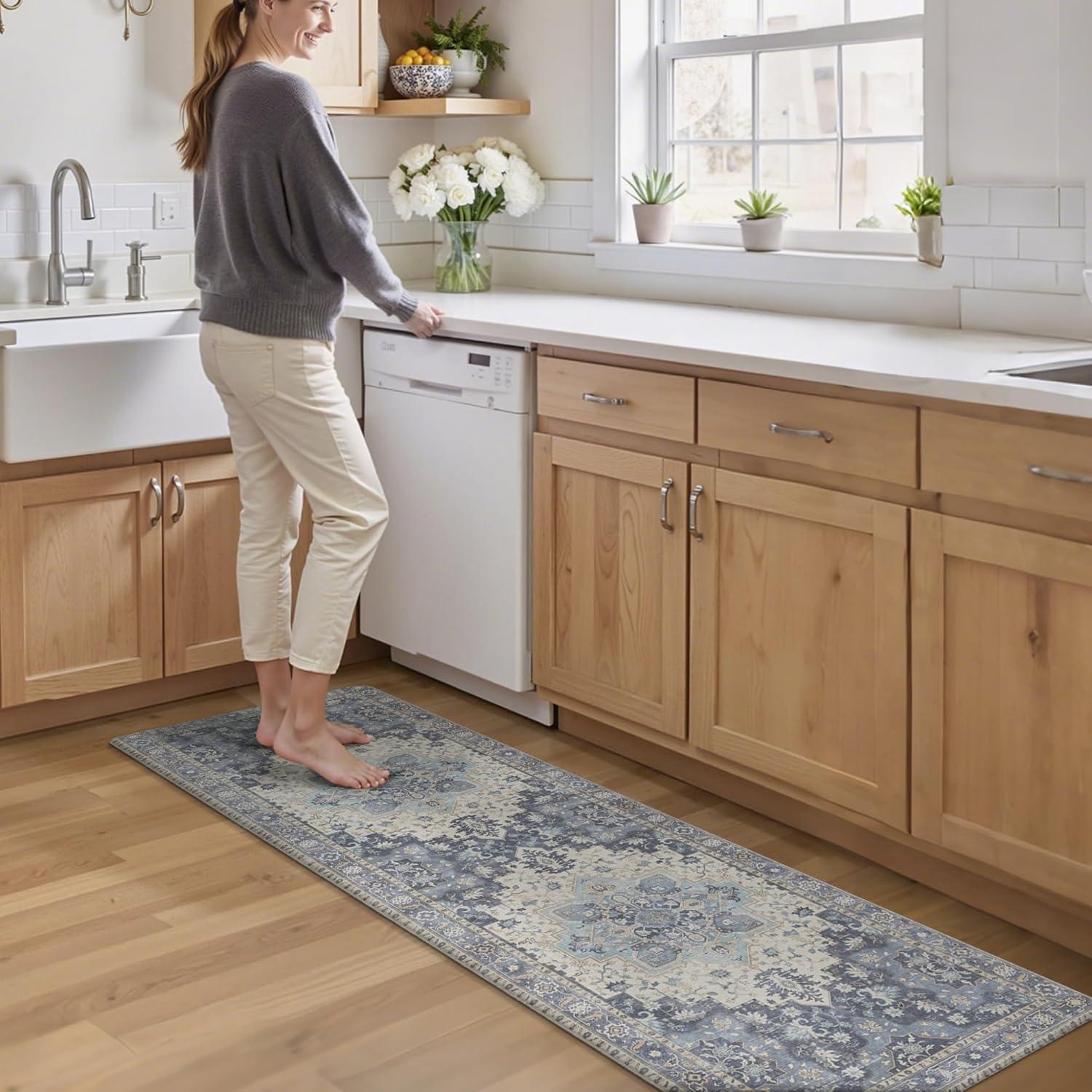 imageGENIMO Kitchen Mats for Floor 2PCs Washable Anti Fatigue Mat for Cushioned 173quotx47quot173quotx30quot Waterproof Kitchen Rugs Non Slip Comfort Standing Mat Rug for Home Sink Laundry Light GreenCenter Blue