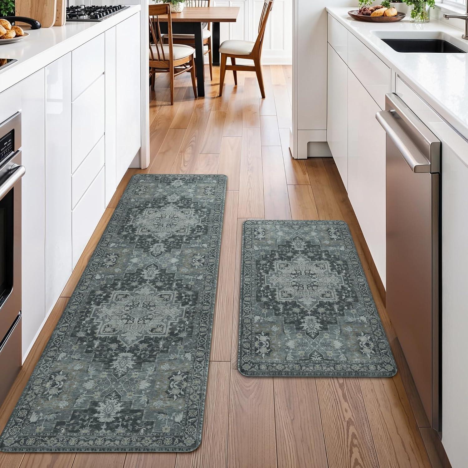 imageGENIMO Kitchen Mats for Floor 2PCs Washable Anti Fatigue Mat for Cushioned 173quotx47quot173quotx30quot Waterproof Kitchen Rugs Non Slip Comfort Standing Mat Rug for Home Sink Laundry Light GreenDark Gray