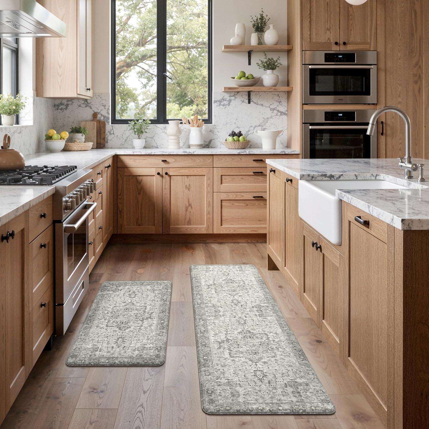 imageGENIMO Kitchen Mats for Floor 2PCs Washable Anti Fatigue Mat for Cushioned 173quotx47quot173quotx30quot Waterproof Kitchen Rugs Non Slip Comfort Standing Mat Rug for Home Sink Laundry Light GreenStone Gray