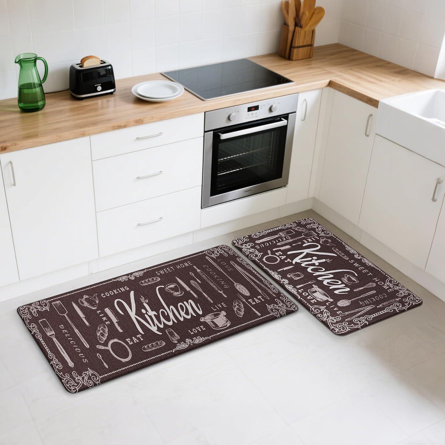 imageGENIMO Kitchen Mats for Floor 2PCs Washable Anti Fatigue Mat for Cushioned 173quotx47quot173quotx30quot Waterproof Kitchen Rugs Non Slip Comfort Standing Mat Rug for Home Sink Laundry Light GreenKitchenbrown