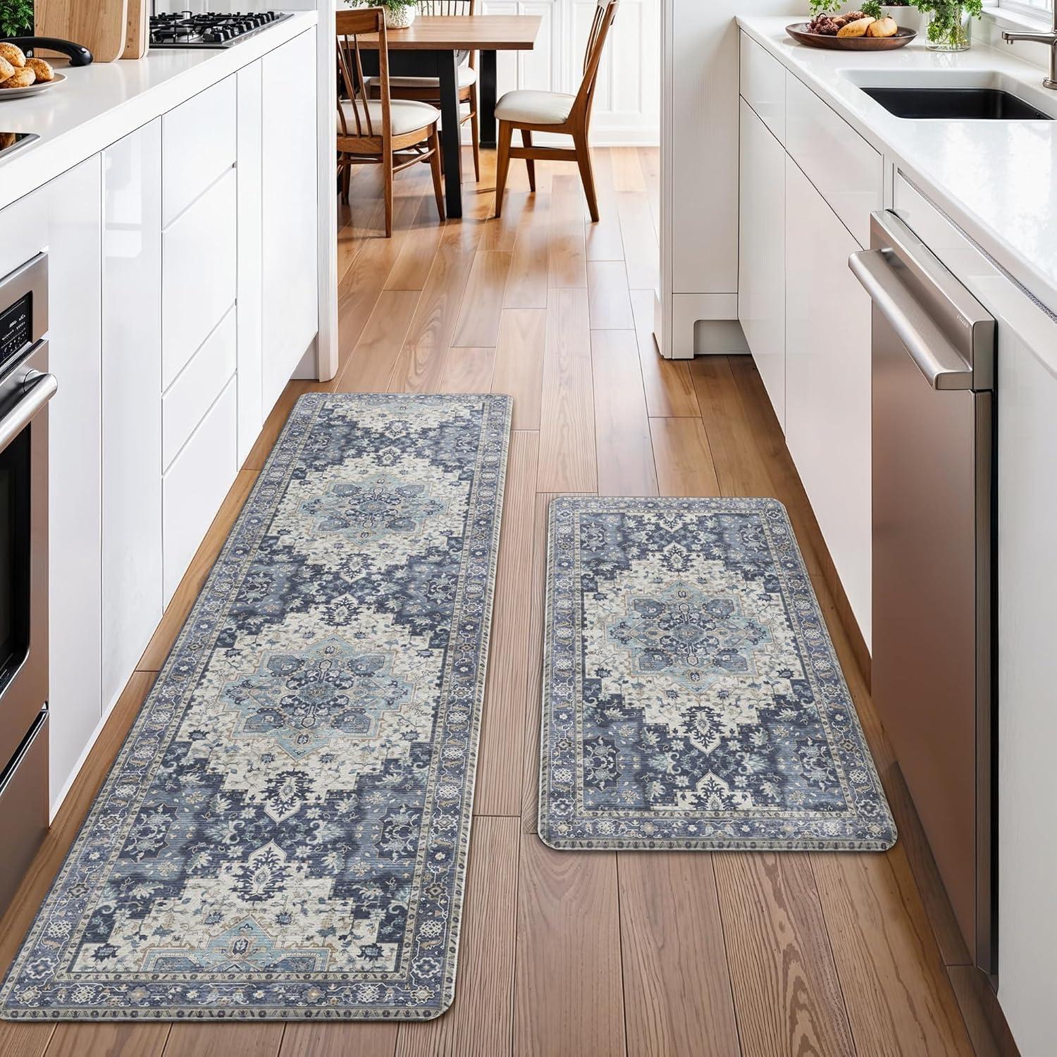 imageGENIMO Kitchen Mats for Floor 2PCs Washable Anti Fatigue Mat for Cushioned 173quotx47quot173quotx30quot Waterproof Kitchen Rugs Non Slip Comfort Standing Mat Rug for Home Sink Laundry Light GreenCenter Blue