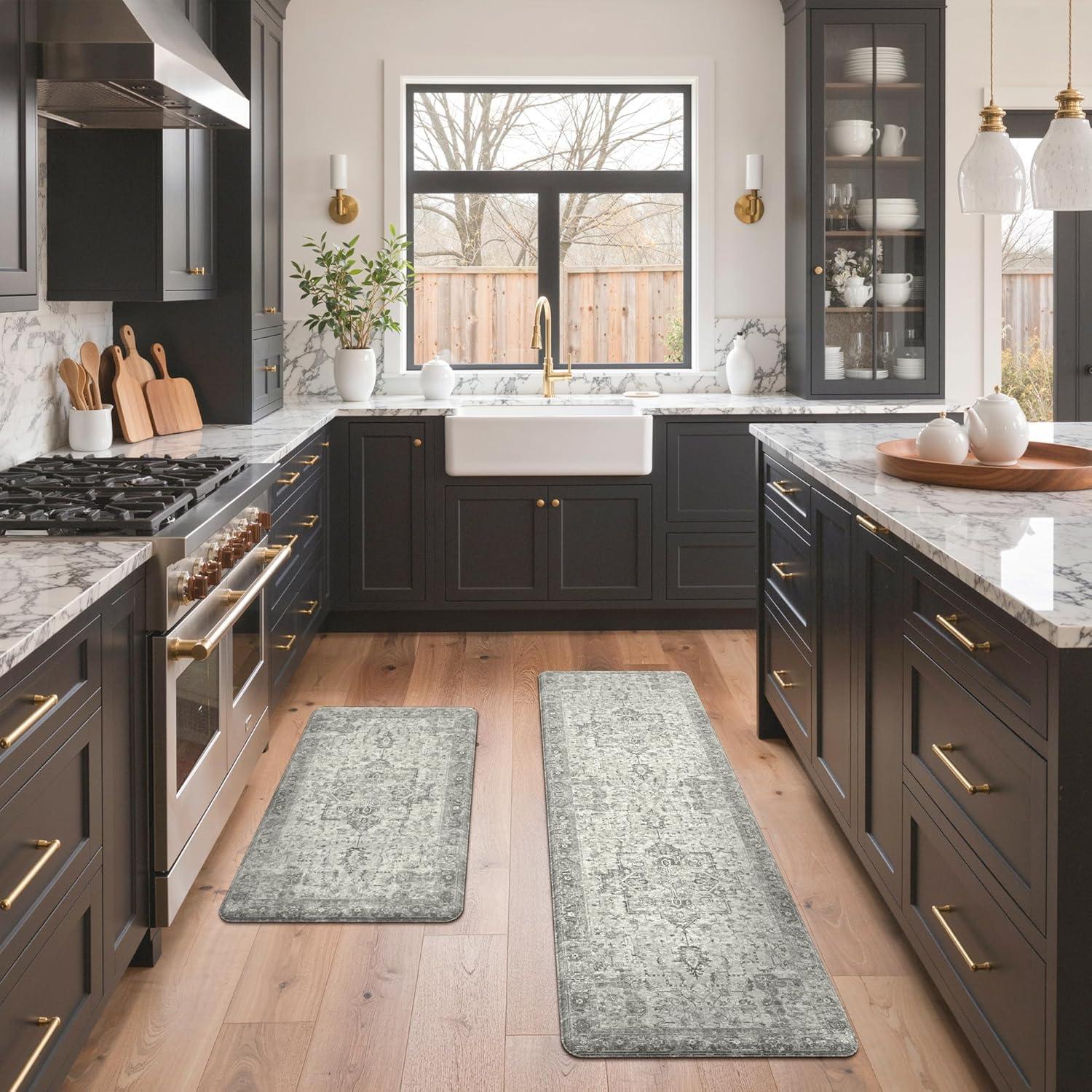 imageGENIMO Kitchen Mats for Floor 2PCs Washable Anti Fatigue Mat for Cushioned 173quotx47quot173quotx30quot Waterproof Kitchen Rugs Non Slip Comfort Standing Mat Rug for Home Sink Laundry Light GreenStone Gray