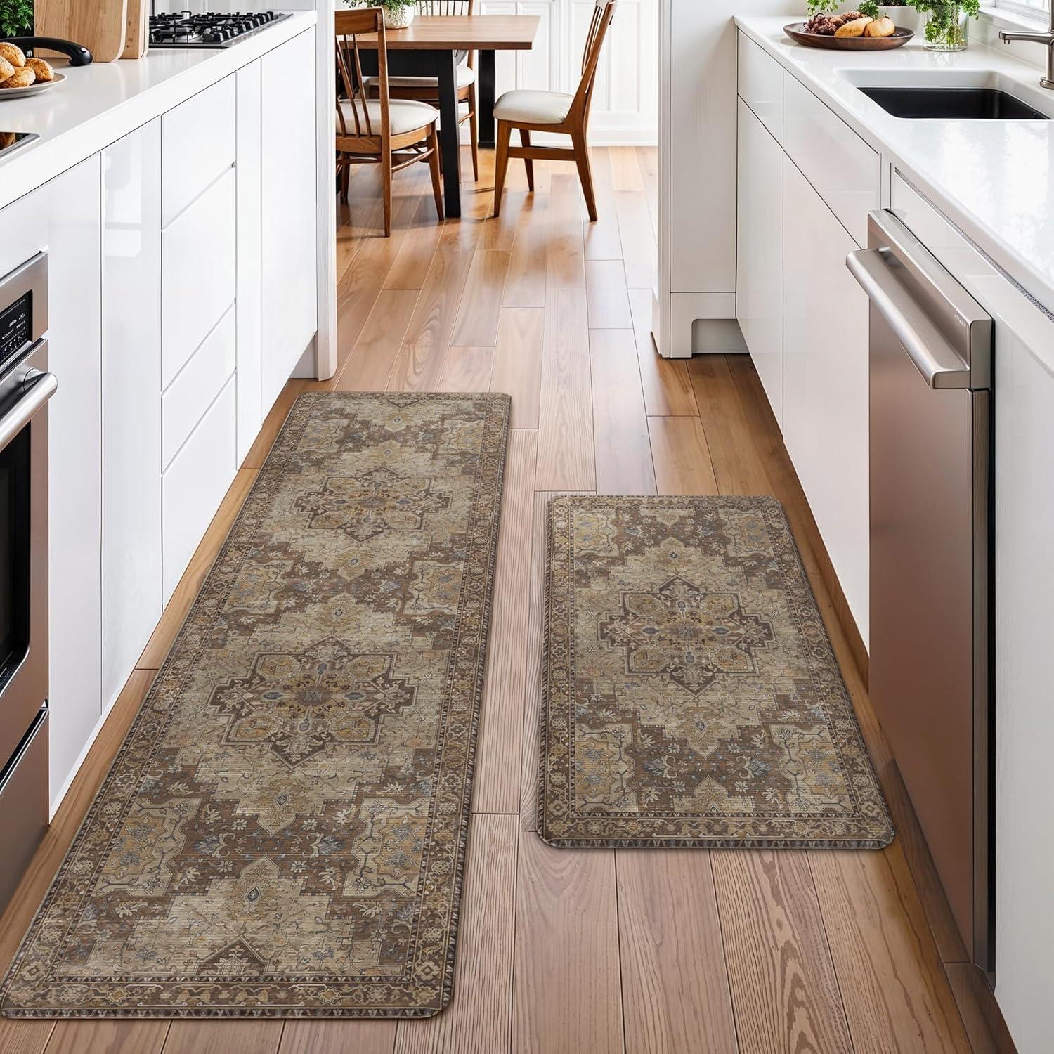 imageGENIMO Kitchen Mats for Floor 2PCs Washable Anti Fatigue Mat for Cushioned 173quotx47quot173quotx30quot Waterproof Kitchen Rugs Non Slip Comfort Standing Mat Rug for Home Sink Laundry Light GreenRustic Brown