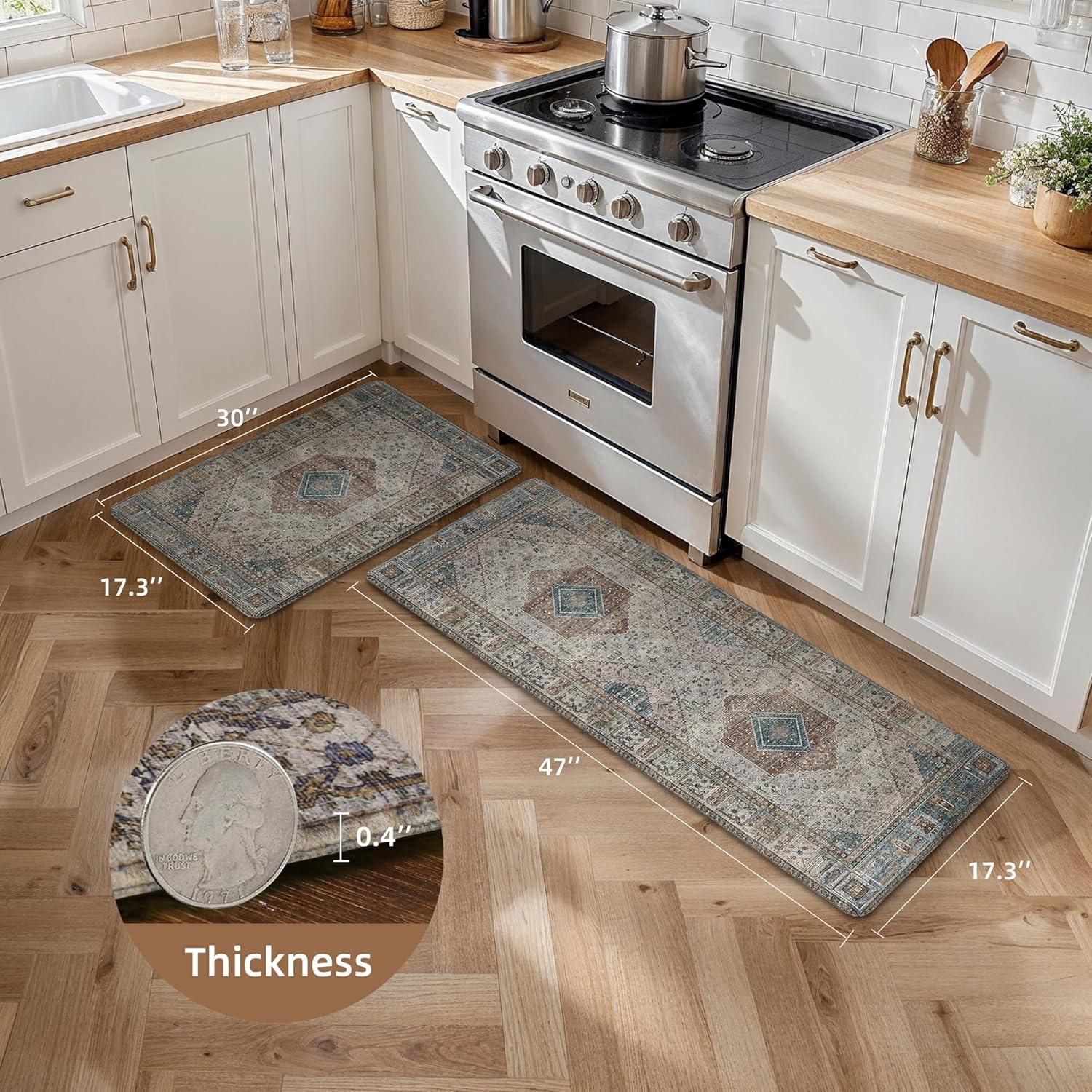imageGENIMO Kitchen Mats for Floor 2PCs Washable Anti Fatigue Mat for Cushioned 173quotx47quot173quotx30quot Waterproof Kitchen Rugs Non Slip Comfort Standing Mat Rug for Home Sink Laundry Light GreenBrown