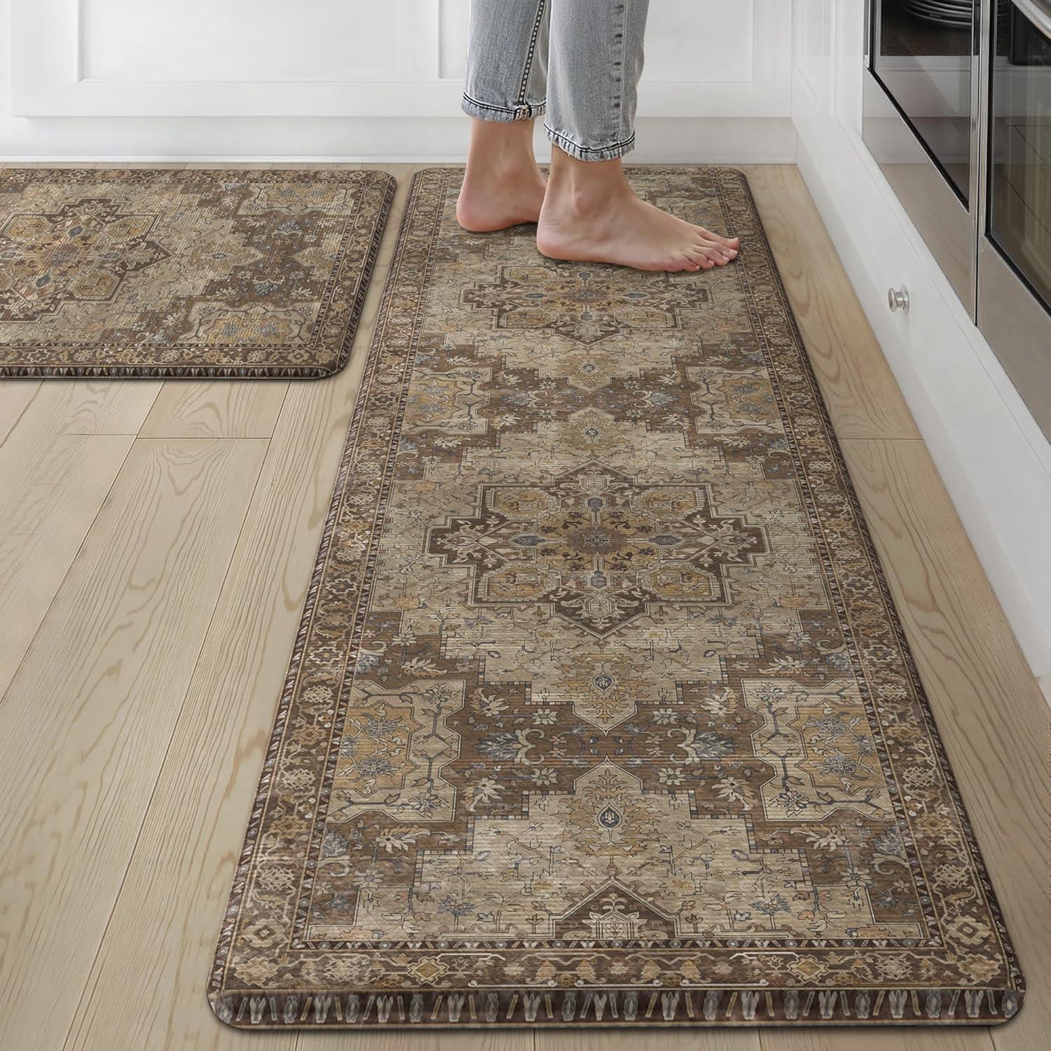 imageGENIMO Kitchen Mats for Floor 2PCs Washable Anti Fatigue Mat for Cushioned 173quotx47quot173quotx30quot Waterproof Kitchen Rugs Non Slip Comfort Standing Mat Rug for Home Sink Laundry Light GreenRustic Brown