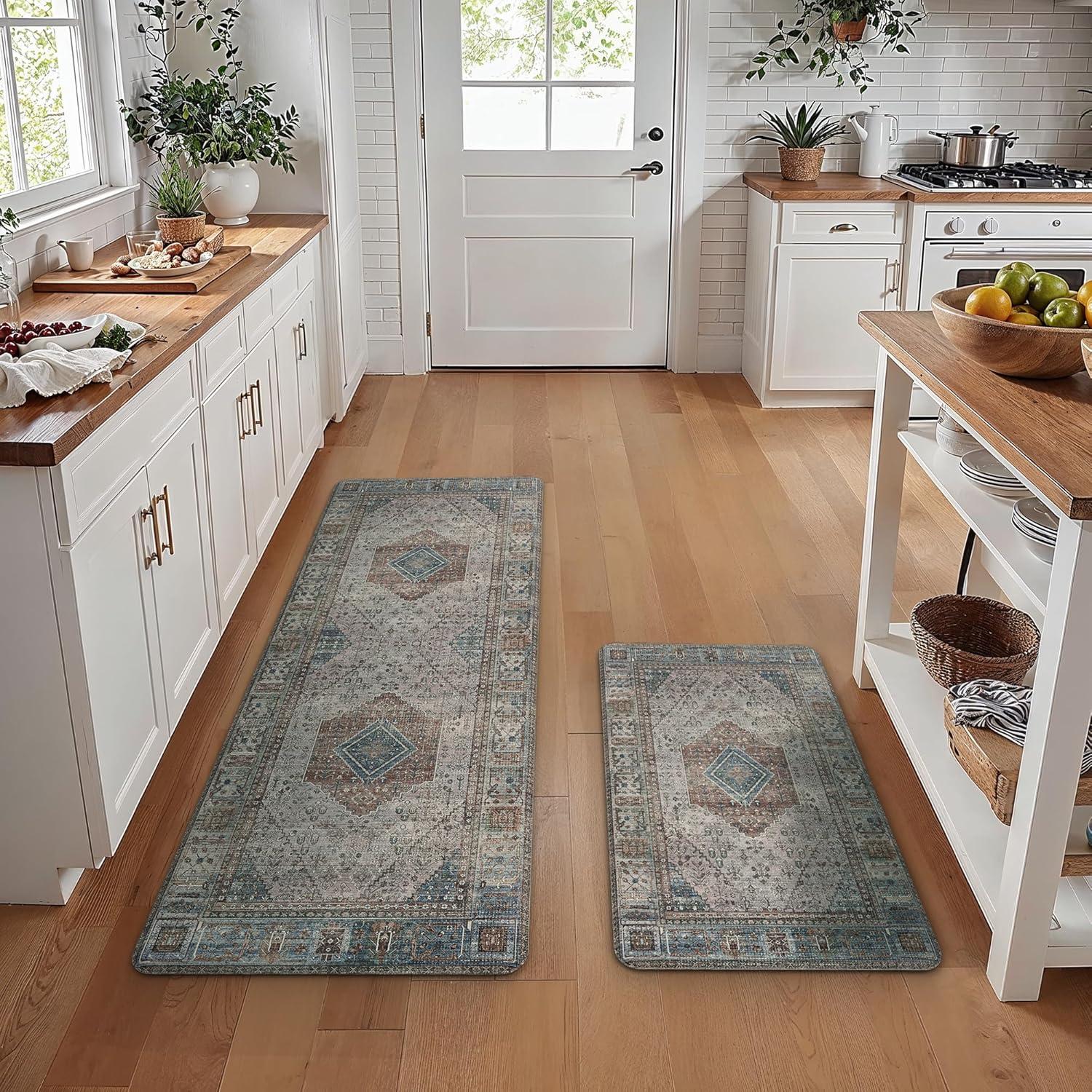 imageGENIMO Kitchen Mats for Floor 2PCs Washable Anti Fatigue Mat for Cushioned 173quotx47quot173quotx30quot Waterproof Kitchen Rugs Non Slip Comfort Standing Mat Rug for Home Sink Laundry Light GreenBrown