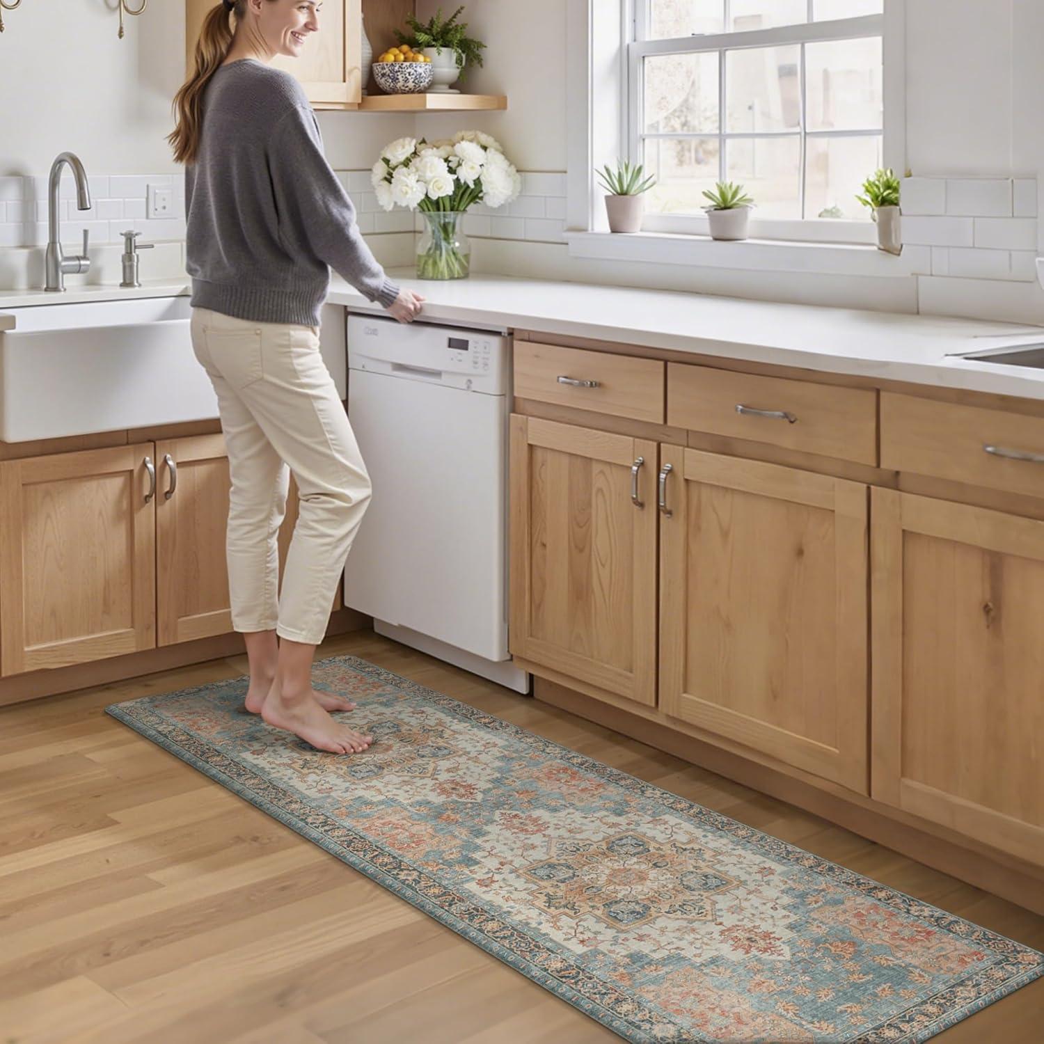 imageGENIMO Kitchen Mats for Floor 2PCs Washable Anti Fatigue Mat for Cushioned 173quotx47quot173quotx30quot Waterproof Kitchen Rugs Non Slip Comfort Standing Mat Rug for Home Sink Laundry Light GreenBluesalmon