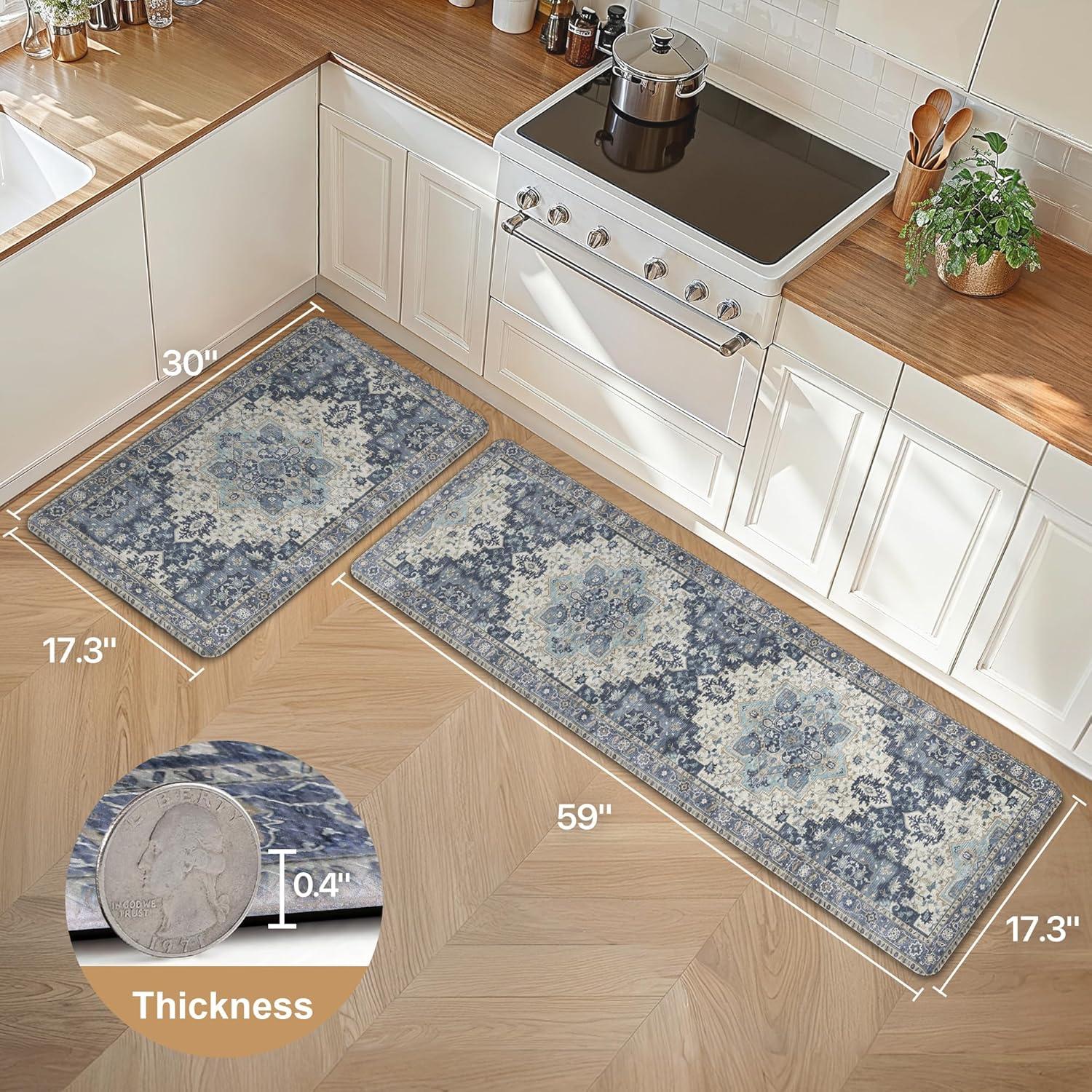 imageGENIMO Kitchen Mats for Floor 2PCs Washable Anti Fatigue Mat for Cushioned 173quotx47quot173quotx30quot Waterproof Kitchen Rugs Non Slip Comfort Standing Mat Rug for Home Sink Laundry Light GreenCenter Blue