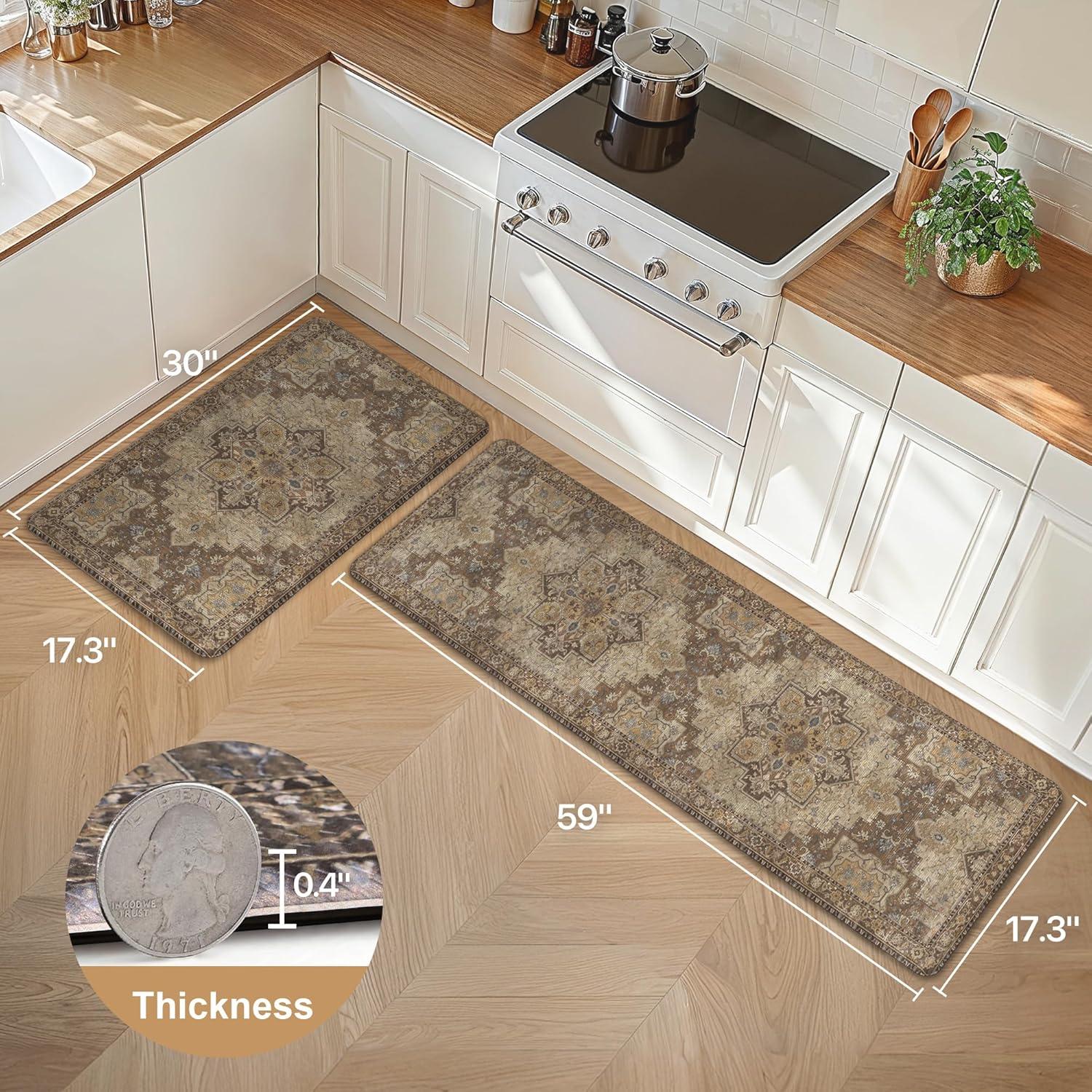imageGENIMO Kitchen Mats for Floor 2PCs Washable Anti Fatigue Mat for Cushioned 173quotx47quot173quotx30quot Waterproof Kitchen Rugs Non Slip Comfort Standing Mat Rug for Home Sink Laundry Light GreenRustic Brown