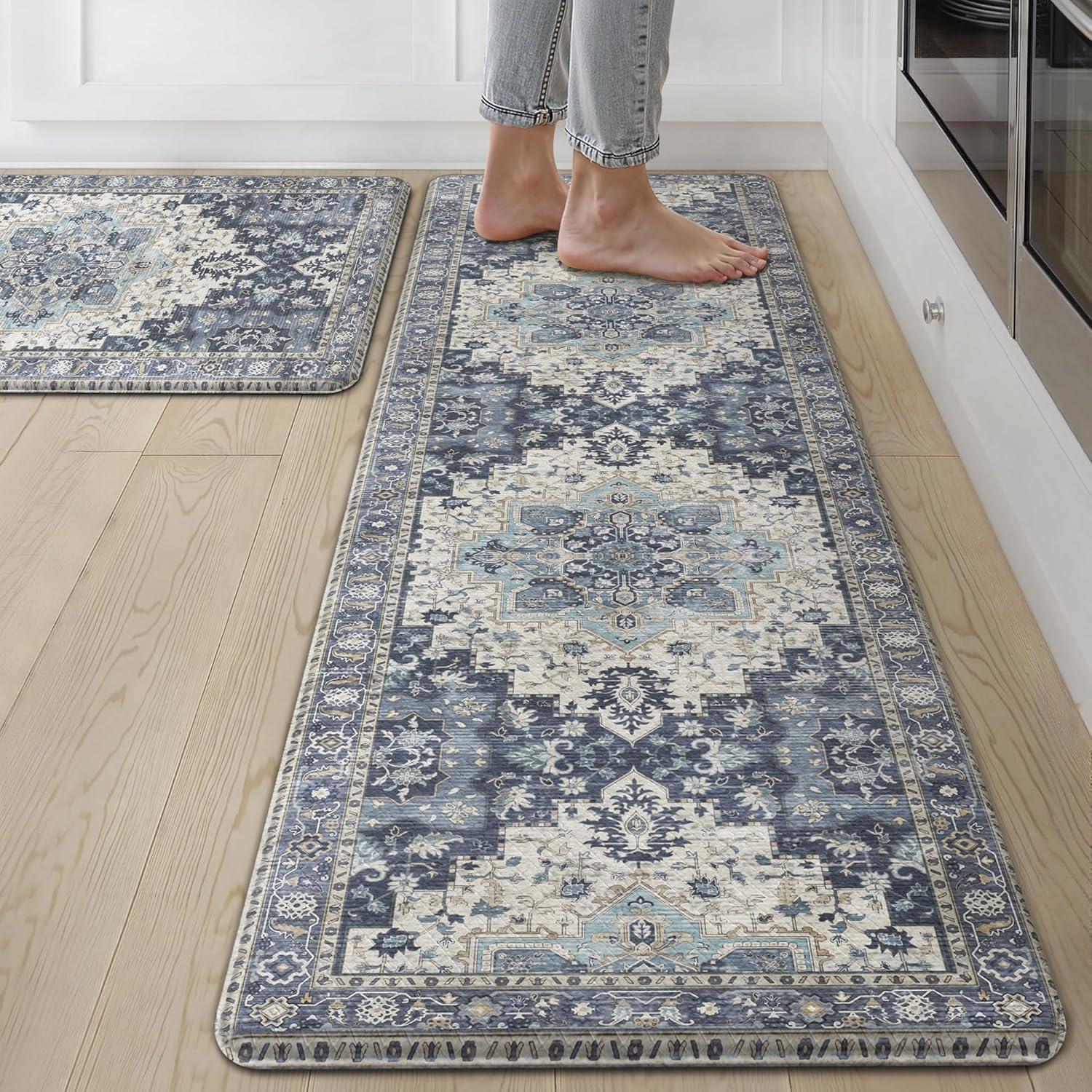 imageGENIMO Kitchen Mats for Floor 2PCs Washable Anti Fatigue Mat for Cushioned 173quotx47quot173quotx30quot Waterproof Kitchen Rugs Non Slip Comfort Standing Mat Rug for Home Sink Laundry Light GreenCenter Blue