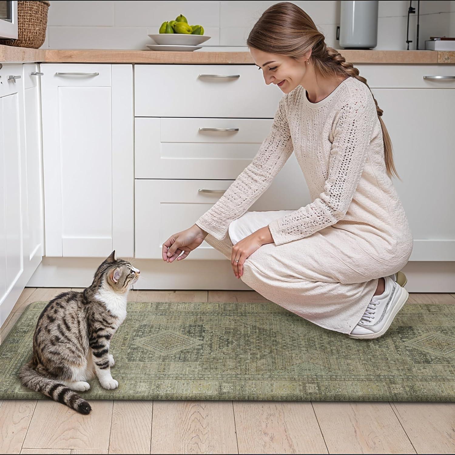 imageGENIMO Kitchen Mats for Floor 2PCs Washable Anti Fatigue Mat for Cushioned 173quotx47quot173quotx30quot Waterproof Kitchen Rugs Non Slip Comfort Standing Mat Rug for Home Sink Laundry Light GreenTan
