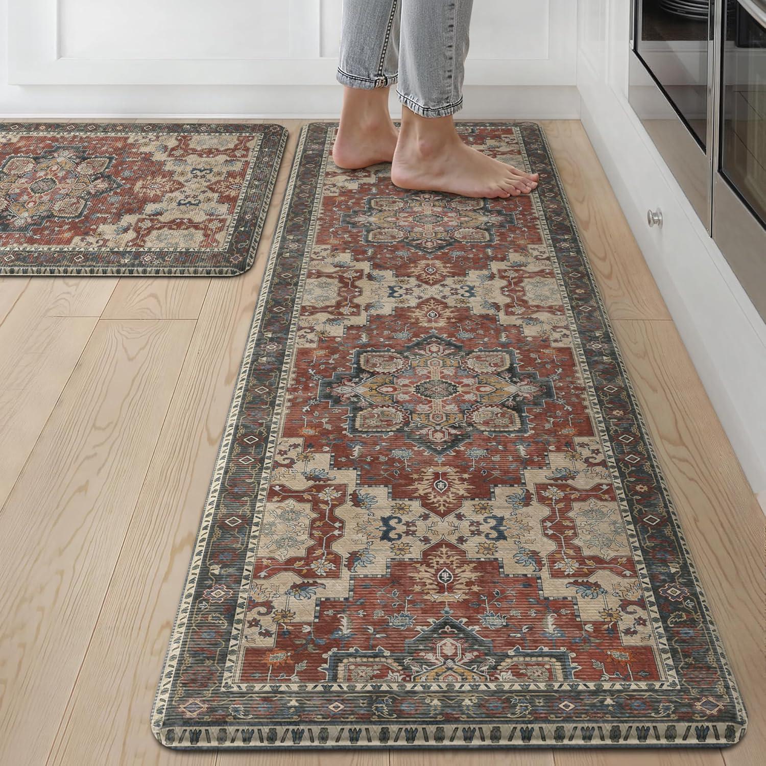 imageGENIMO Kitchen Mats for Floor 2PCs Washable Anti Fatigue Mat for Cushioned 173quotx47quot173quotx30quot Waterproof Kitchen Rugs Non Slip Comfort Standing Mat Rug for Home Sink Laundry Light GreenBordeaux Red