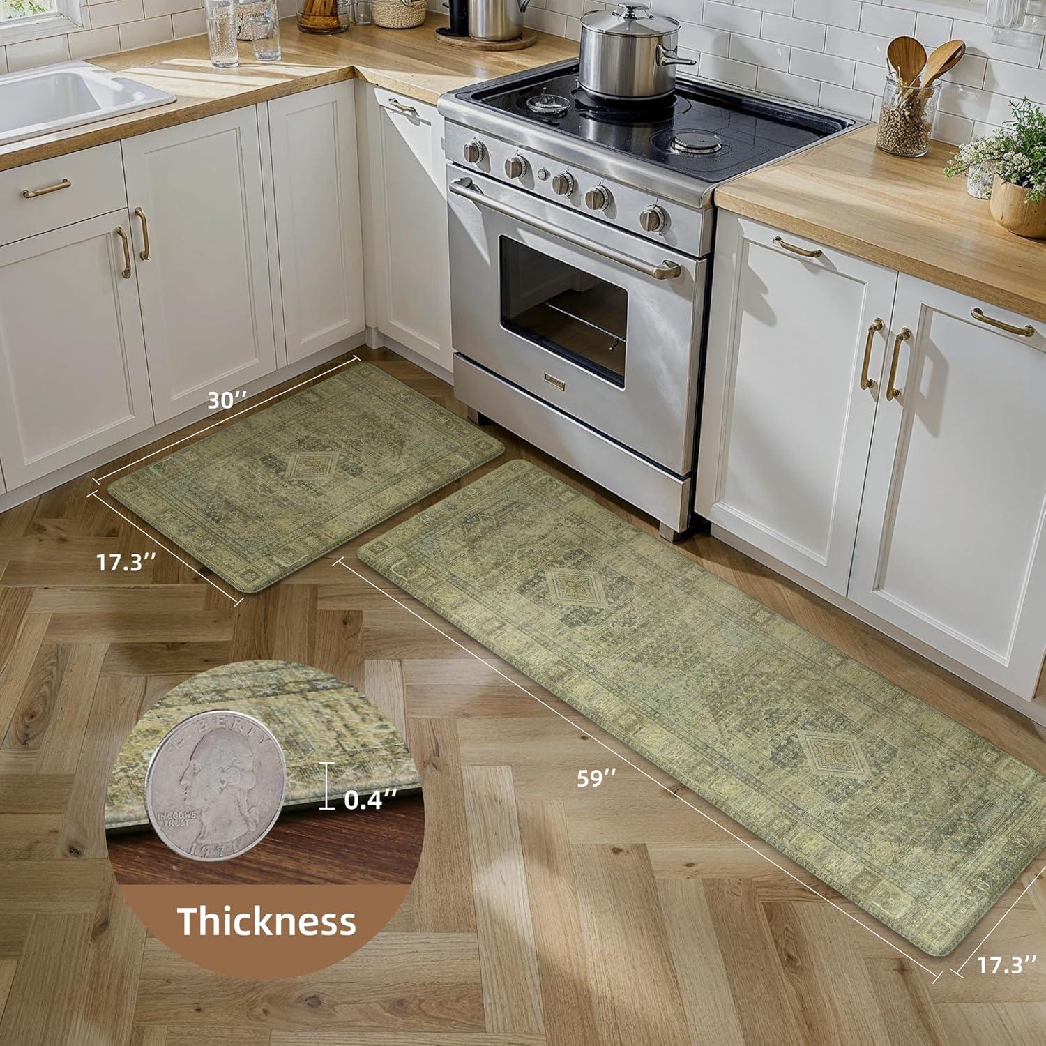 imageGENIMO Kitchen Mats for Floor 2PCs Washable Anti Fatigue Mat for Cushioned 173quotx47quot173quotx30quot Waterproof Kitchen Rugs Non Slip Comfort Standing Mat Rug for Home Sink Laundry Light GreenTan