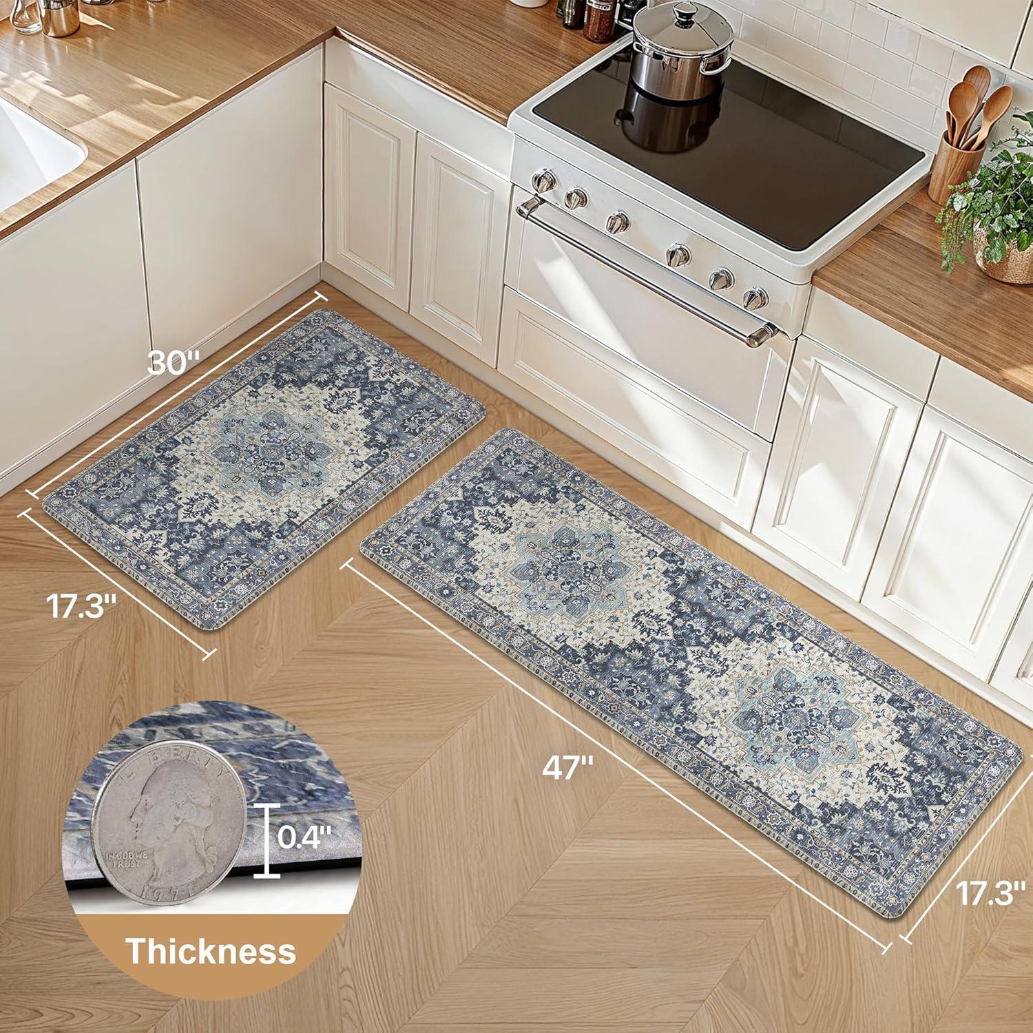 imageGENIMO Kitchen Mats for Floor 2PCs Washable Anti Fatigue Mat for Cushioned 173quotx47quot173quotx30quot Waterproof Kitchen Rugs Non Slip Comfort Standing Mat Rug for Home Sink Laundry Light GreenCenter Blue