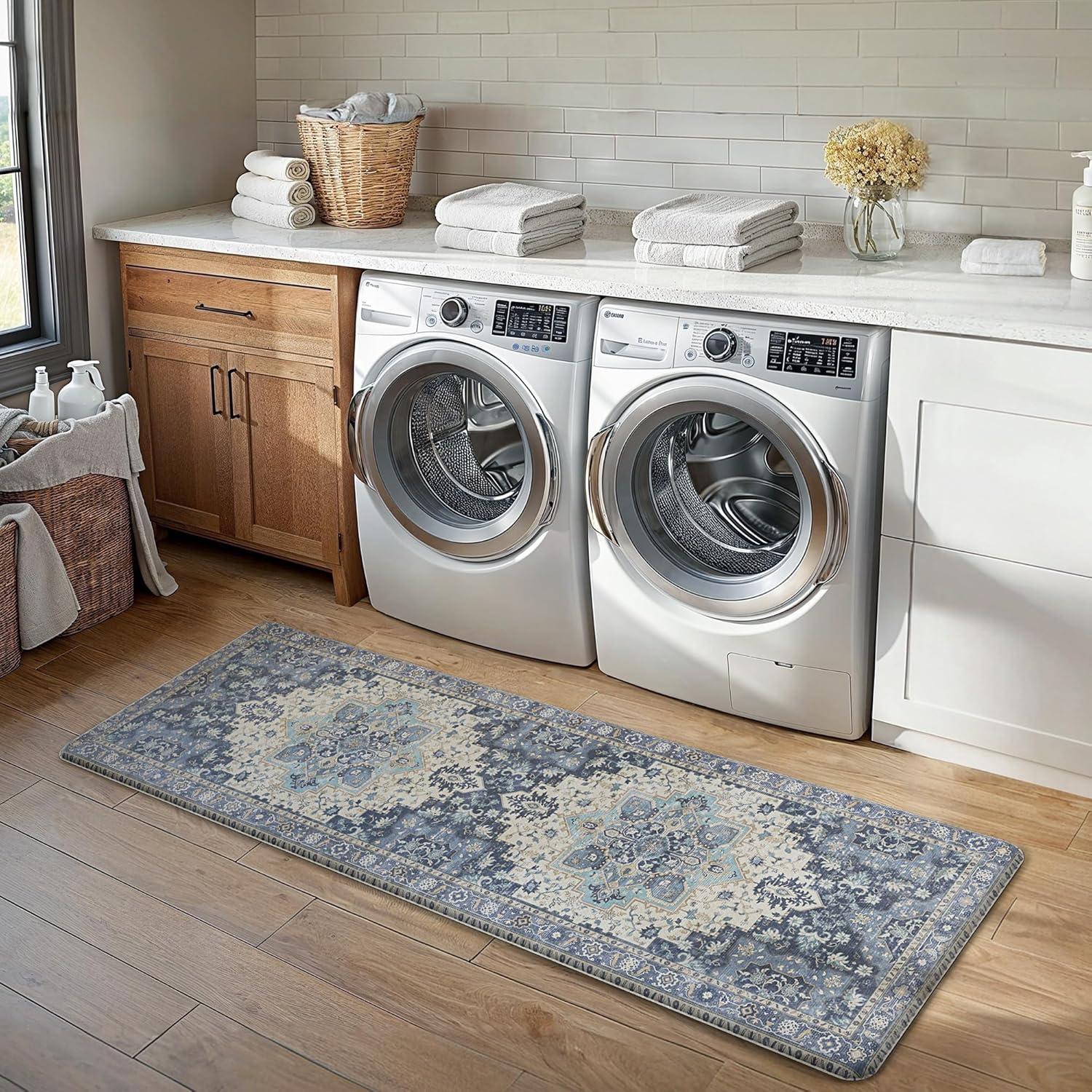 imageGENIMO Kitchen Mats for Floor 2PCs Washable Anti Fatigue Mat for Cushioned 173quotx47quot173quotx30quot Waterproof Kitchen Rugs Non Slip Comfort Standing Mat Rug for Home Sink Laundry Light GreenCenter Blue