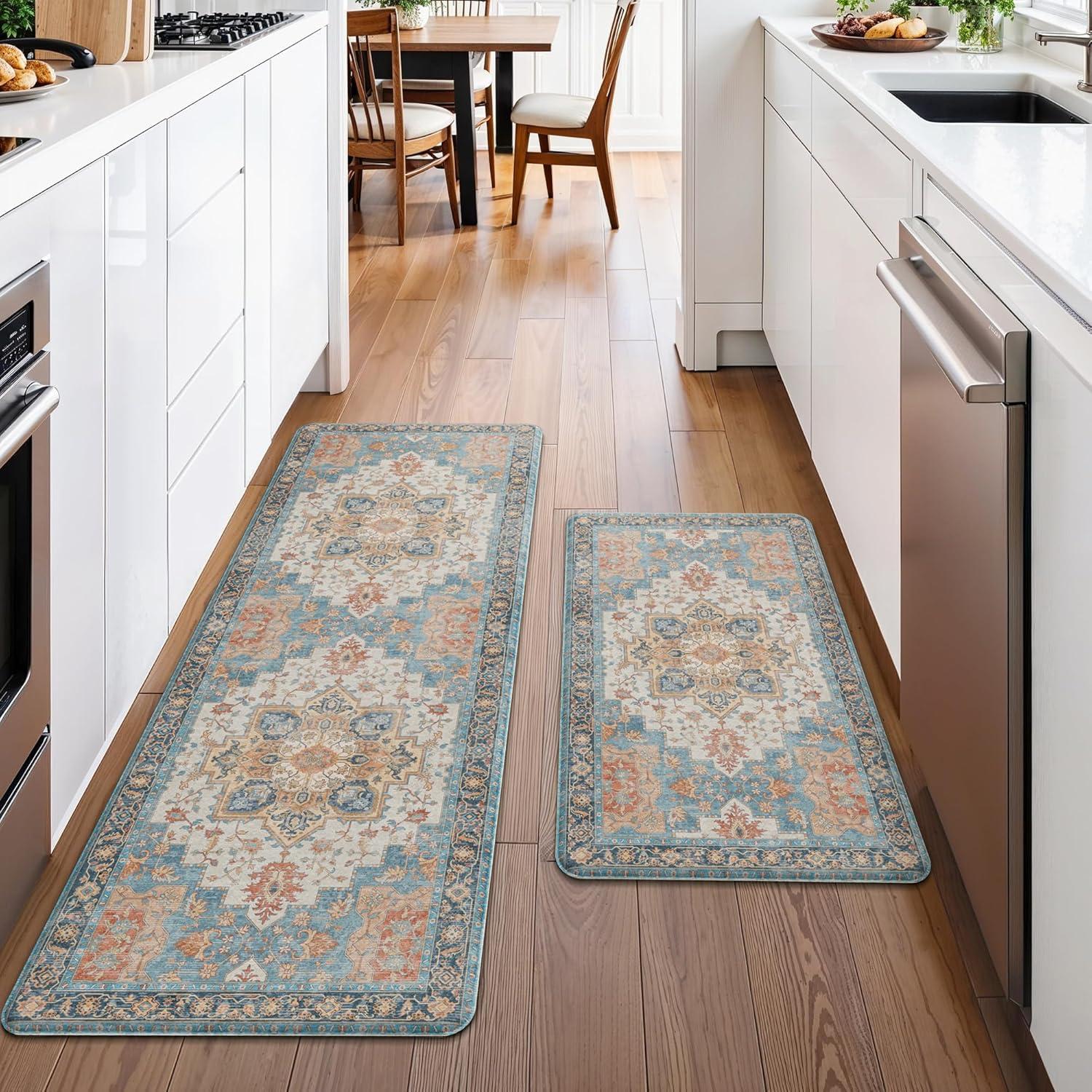 imageGENIMO Kitchen Mats for Floor 2PCs Washable Anti Fatigue Mat for Cushioned 173quotx47quot173quotx30quot Waterproof Kitchen Rugs Non Slip Comfort Standing Mat Rug for Home Sink Laundry Light GreenBluesalmon