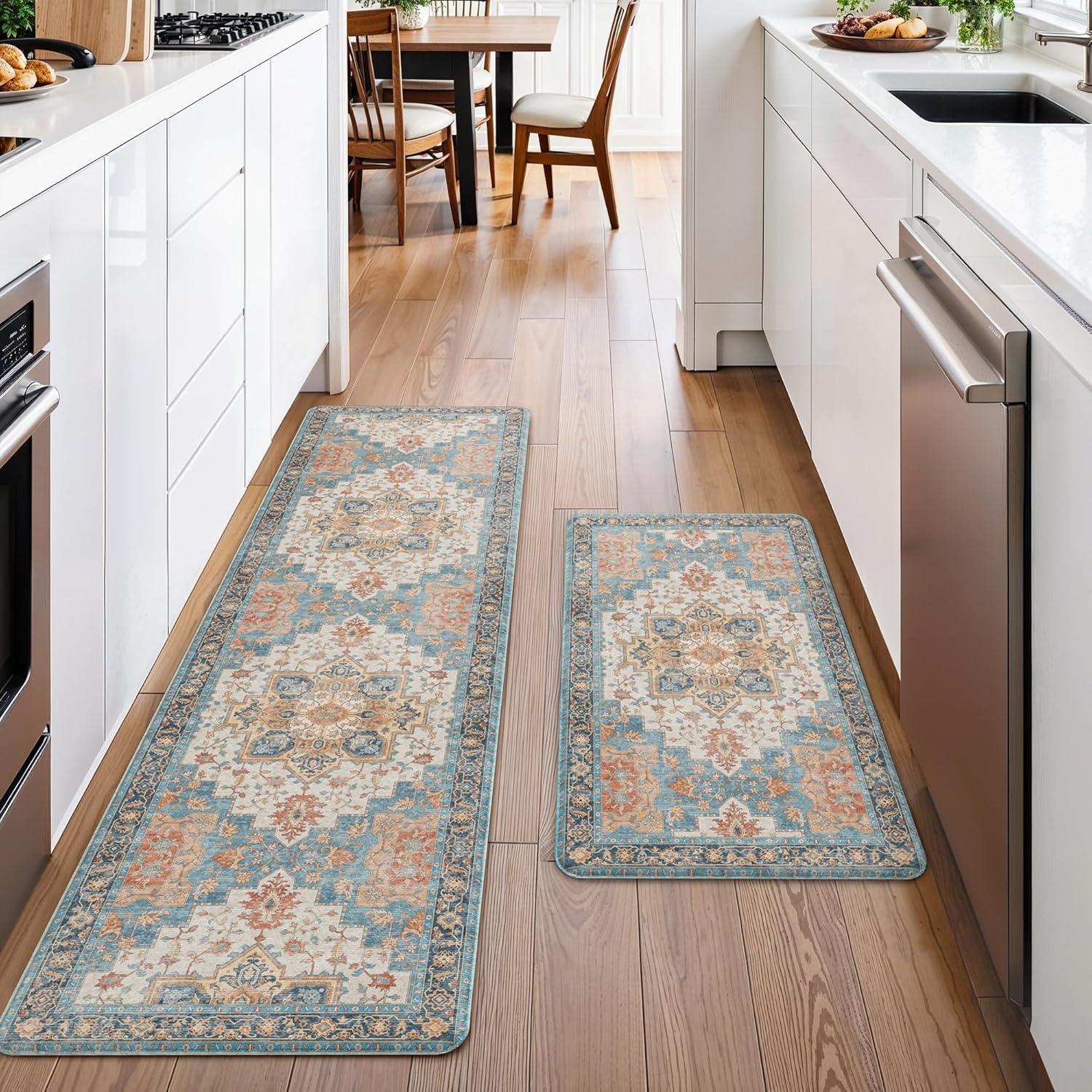 imageGENIMO Kitchen Mats for Floor 2PCs Washable Anti Fatigue Mat for Cushioned 173quotx47quot173quotx30quot Waterproof Kitchen Rugs Non Slip Comfort Standing Mat Rug for Home Sink Laundry Light GreenBluesalmon