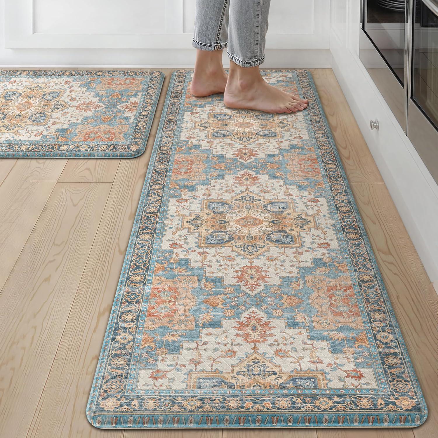 imageGENIMO Kitchen Mats for Floor 2PCs Washable Anti Fatigue Mat for Cushioned 173quotx47quot173quotx30quot Waterproof Kitchen Rugs Non Slip Comfort Standing Mat Rug for Home Sink Laundry Light GreenBluesalmon
