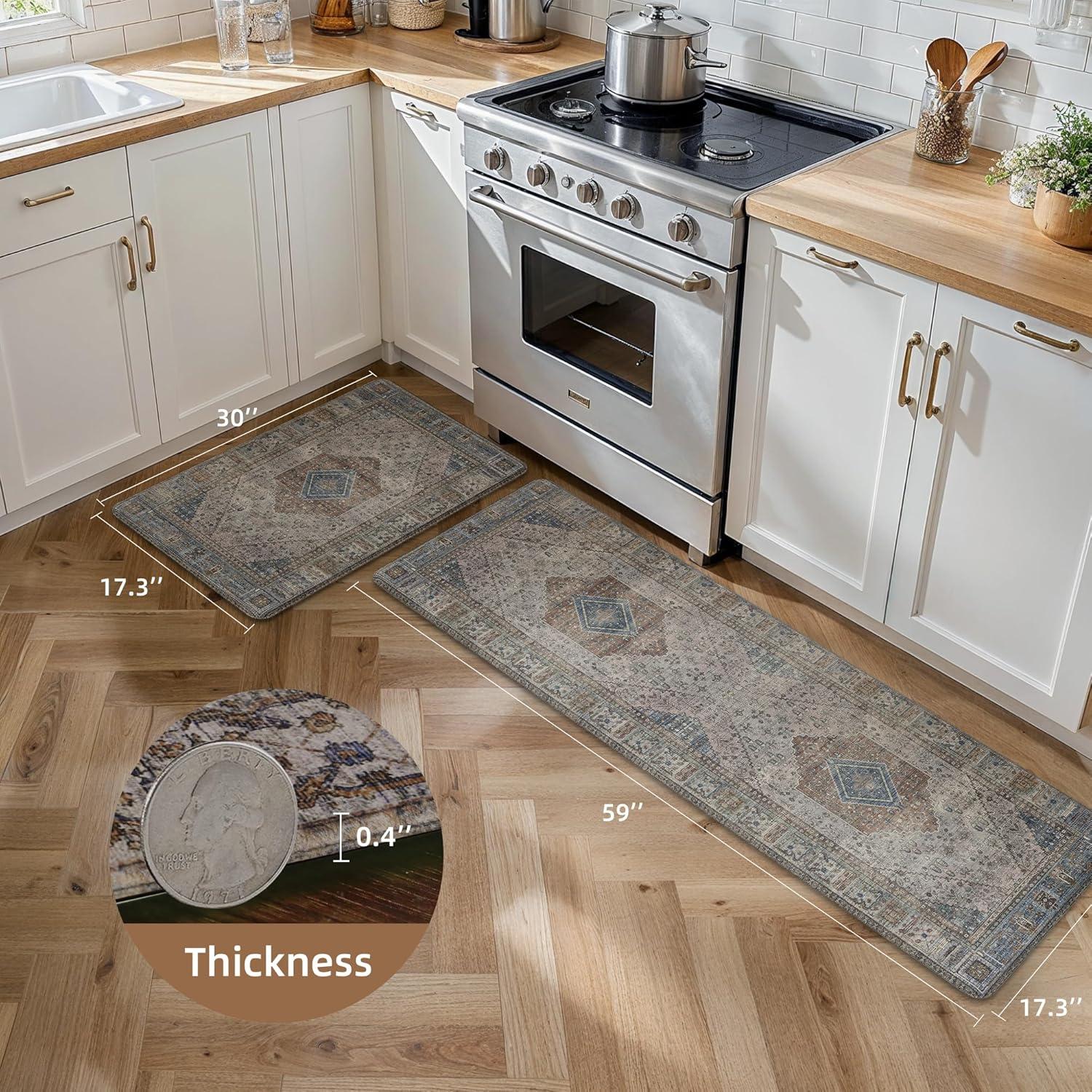 imageGENIMO Kitchen Mats for Floor 2PCs Washable Anti Fatigue Mat for Cushioned 173quotx47quot173quotx30quot Waterproof Kitchen Rugs Non Slip Comfort Standing Mat Rug for Home Sink Laundry Light GreenBrown