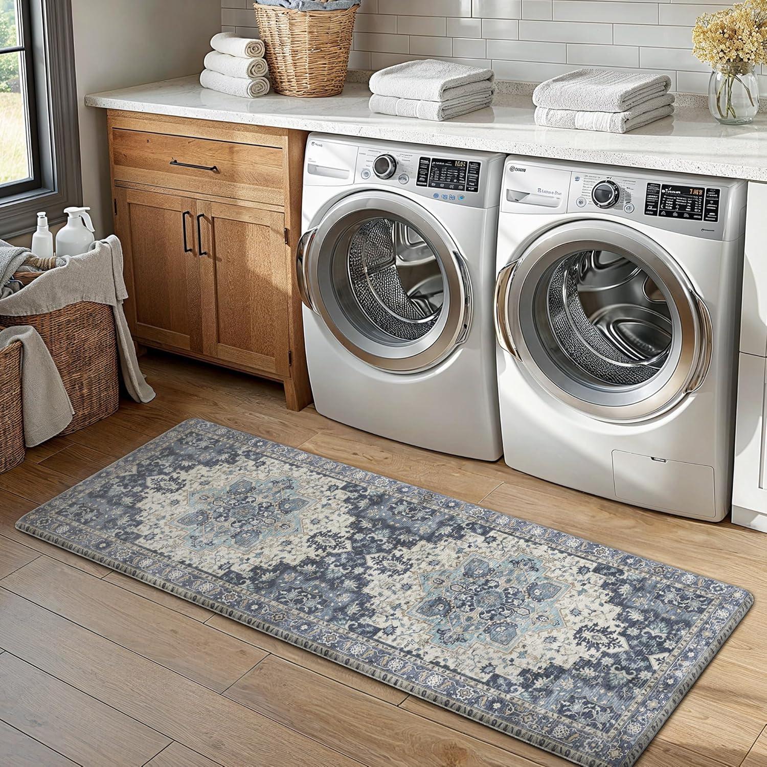 imageGENIMO Kitchen Mats for Floor 2PCs Washable Anti Fatigue Mat for Cushioned 173quotx47quot173quotx30quot Waterproof Kitchen Rugs Non Slip Comfort Standing Mat Rug for Home Sink Laundry Light GreenCenter Blue