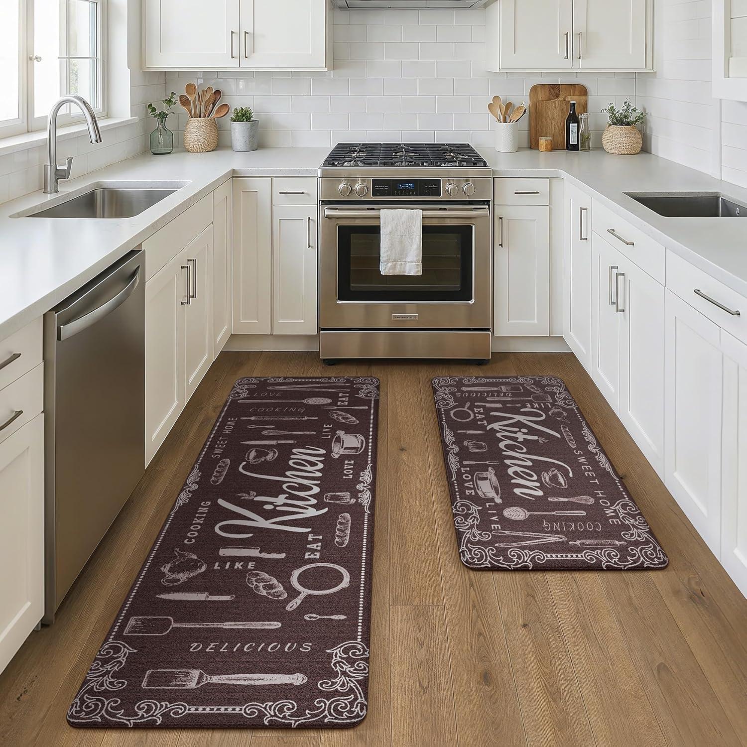 imageGENIMO Kitchen Mats for Floor 2PCs Washable Anti Fatigue Mat for Cushioned 173quotx47quot173quotx30quot Waterproof Kitchen Rugs Non Slip Comfort Standing Mat Rug for Home Sink Laundry Light GreenKitchenbrown