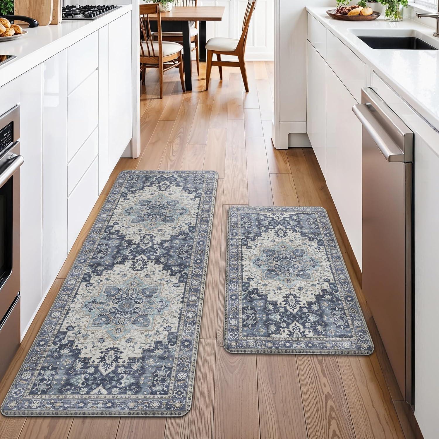 imageGENIMO Kitchen Mats for Floor 2PCs Washable Anti Fatigue Mat for Cushioned 173quotx47quot173quotx30quot Waterproof Kitchen Rugs Non Slip Comfort Standing Mat Rug for Home Sink Laundry Light GreenCenter Blue