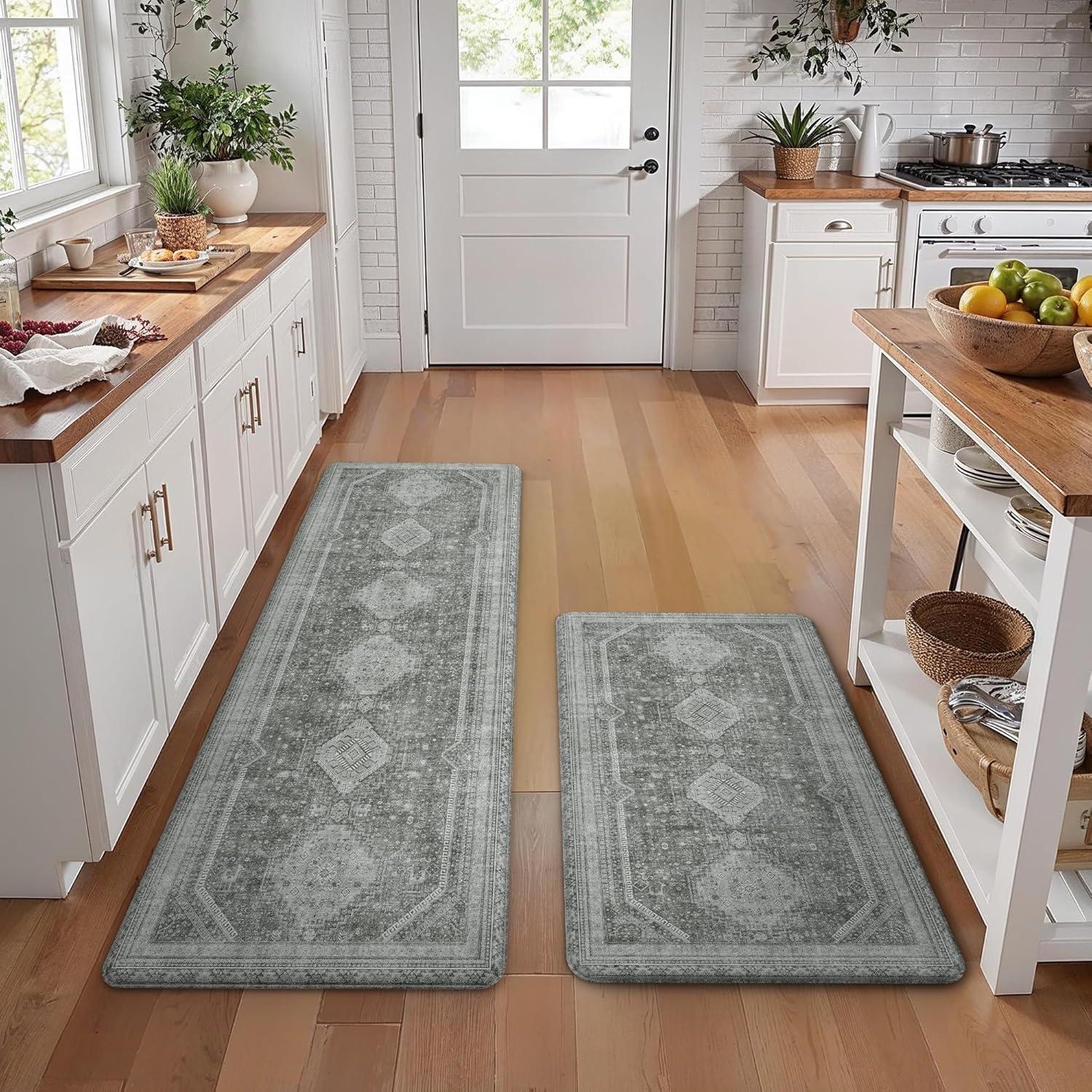 imageGENIMO Kitchen Mats for Floor 2PCs Washable Anti Fatigue Mat for Cushioned 173quotx47quot173quotx30quot Waterproof Kitchen Rugs Non Slip Comfort Standing Mat Rug for Home Sink Laundry Light GreenGrey