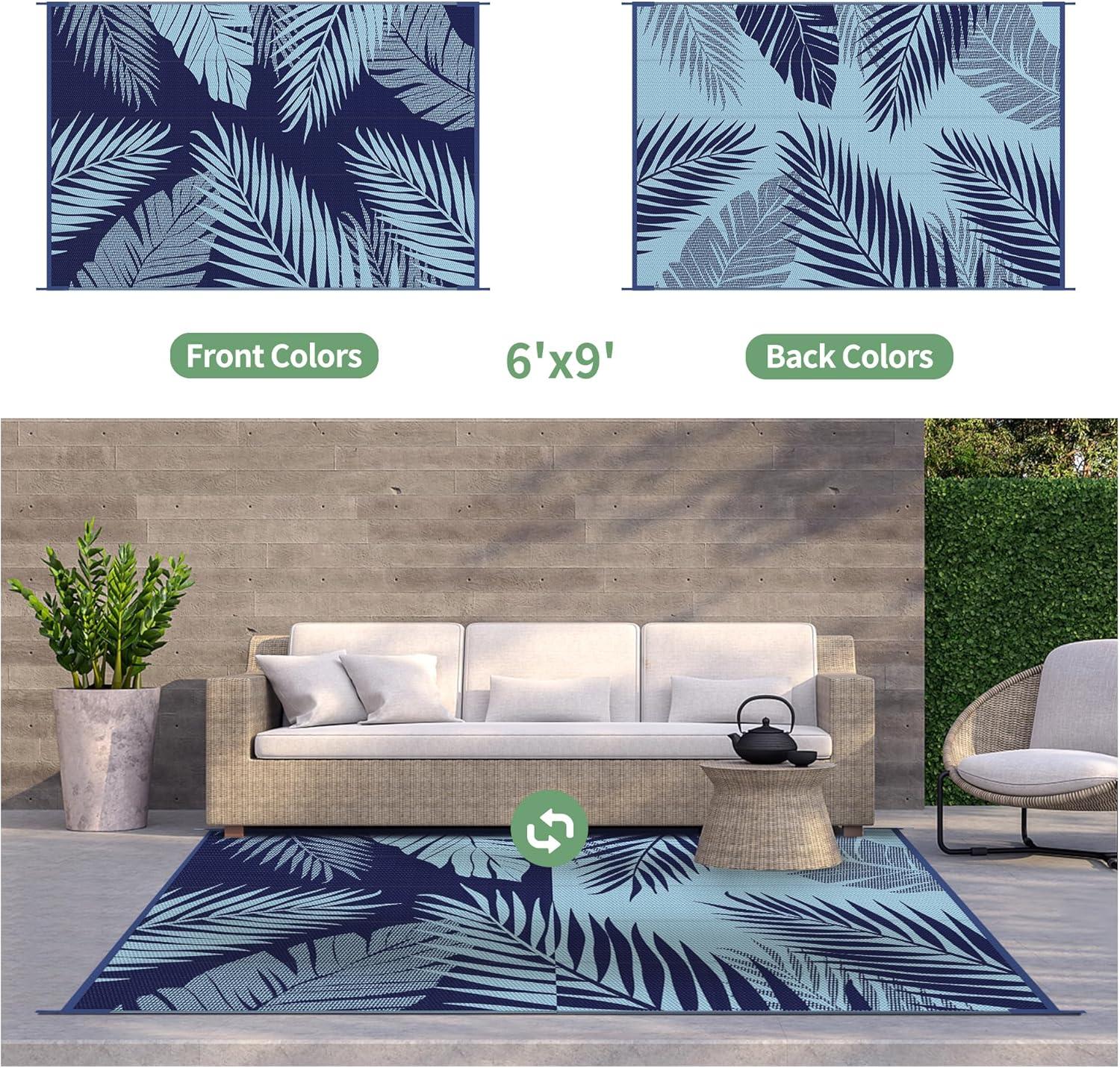 imageGENIMO Outdoor Rug 5 x 8 Waterproof for Patios Clearance Reversible Plastic Straw Camping Carpet Large Area Rugs Mats for RV Picnic Backyard Deck Balcony Porch Beach GreyampampWhiteNavy Blue Baby Blue Waterproof