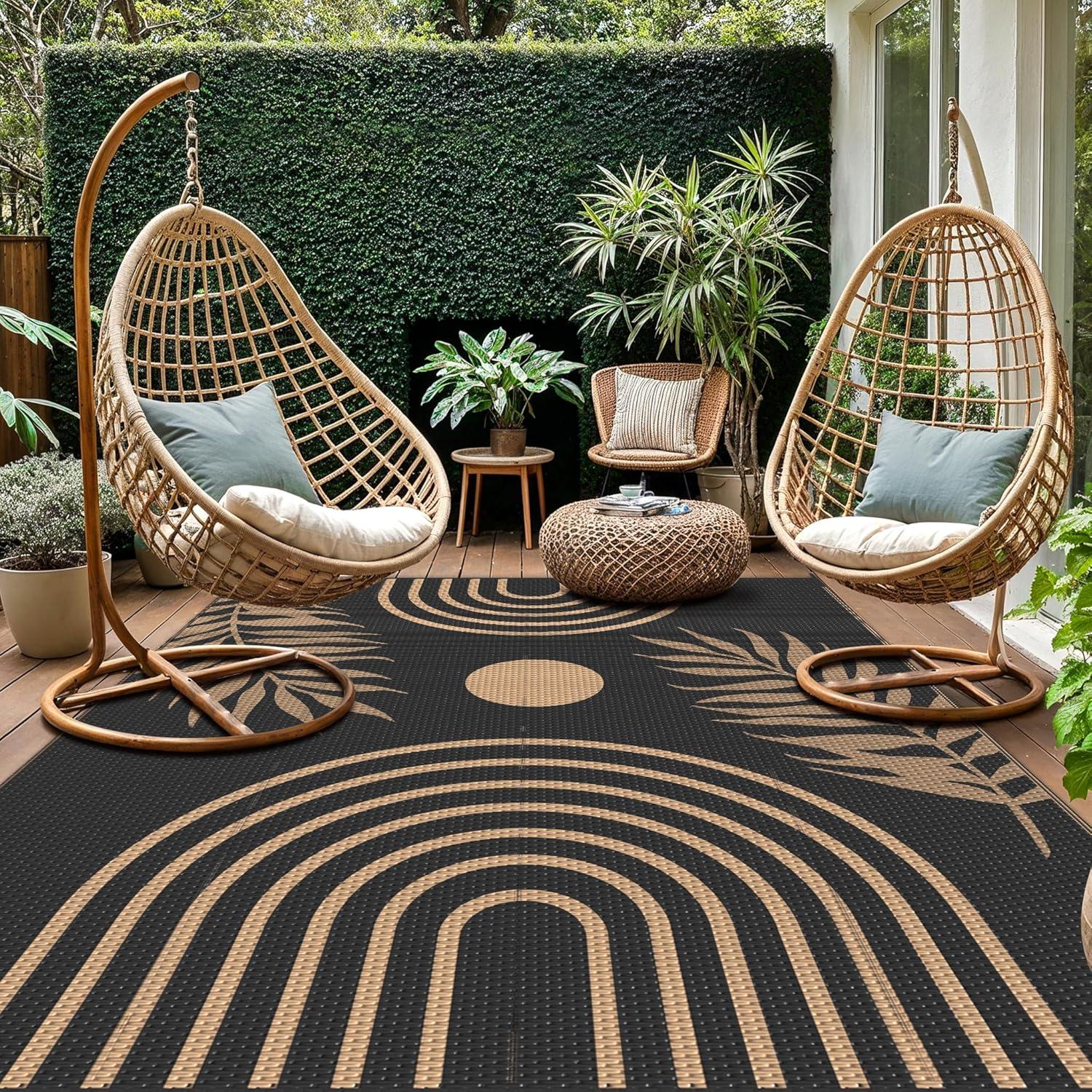 imageGENIMO Outdoor Rug 5 x 8 Waterproof for Patios Clearance Reversible Plastic Straw Camping Carpet Large Area Rugs Mats for RV Picnic Backyard Deck Balcony Porch Beach GreyampampWhiteMixblack Brown