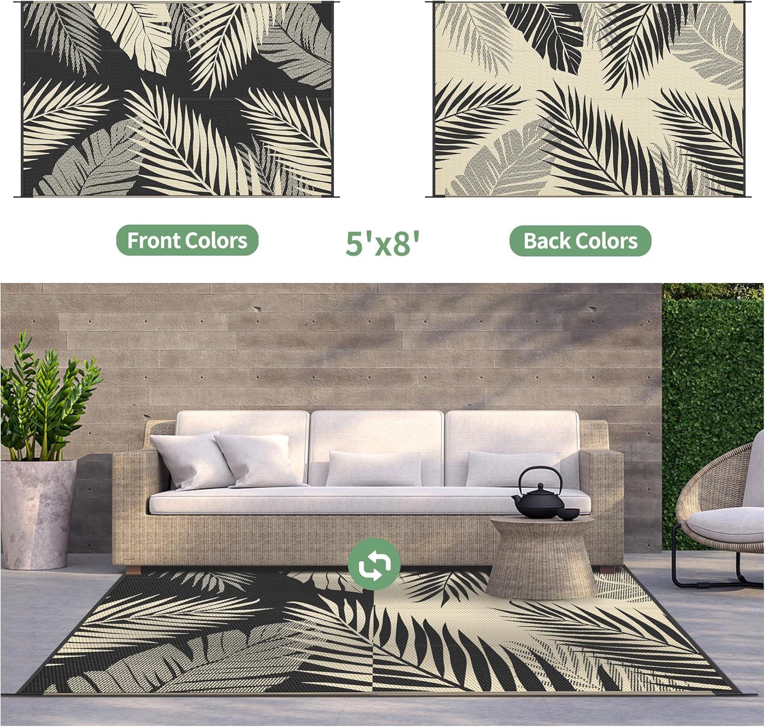 imageGENIMO Outdoor Rug 5 x 8 Waterproof for Patios Clearance Reversible Plastic Straw Camping Carpet Large Area Rugs Mats for RV Picnic Backyard Deck Balcony Porch Beach GreyampampWhiteBlack Beige Waterproof