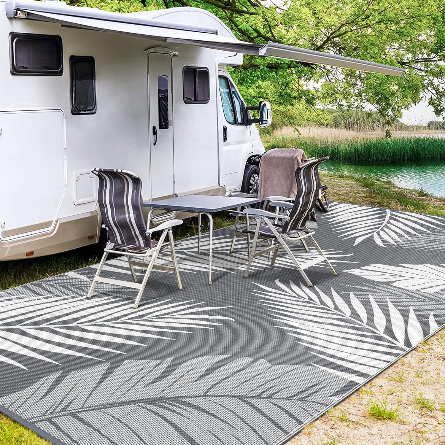 imageGENIMO Outdoor Rug 5 x 8 Waterproof for Patios Clearance Reversible Plastic Straw Camping Carpet Large Area Rugs Mats for RV Picnic Backyard Deck Balcony Porch Beach GreyampampWhiteGrey White Waterproof