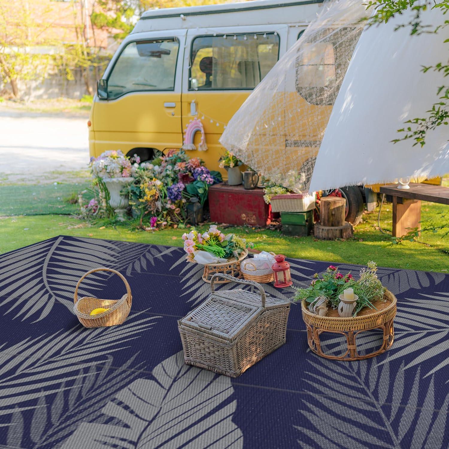 imageGENIMO Outdoor Rug 5 x 8 Waterproof for Patios Clearance Reversible Plastic Straw Camping Carpet Large Area Rugs Mats for RV Picnic Backyard Deck Balcony Porch Beach GreyampampWhiteNavy Blue Grey Waterproof