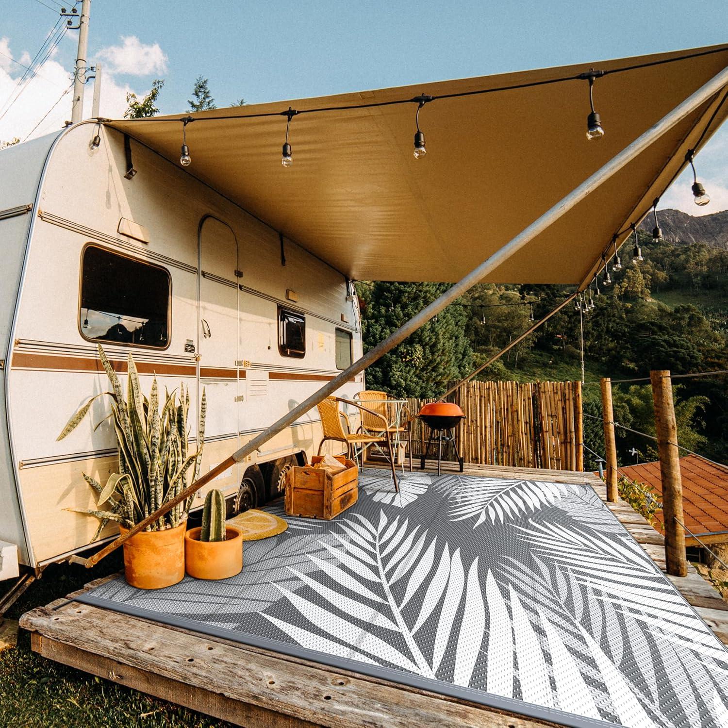 imageGENIMO Outdoor Rug 5 x 8 Waterproof for Patios Clearance Reversible Plastic Straw Camping Carpet Large Area Rugs Mats for RV Picnic Backyard Deck Balcony Porch Beach GreyampampWhiteGrey White Waterproof