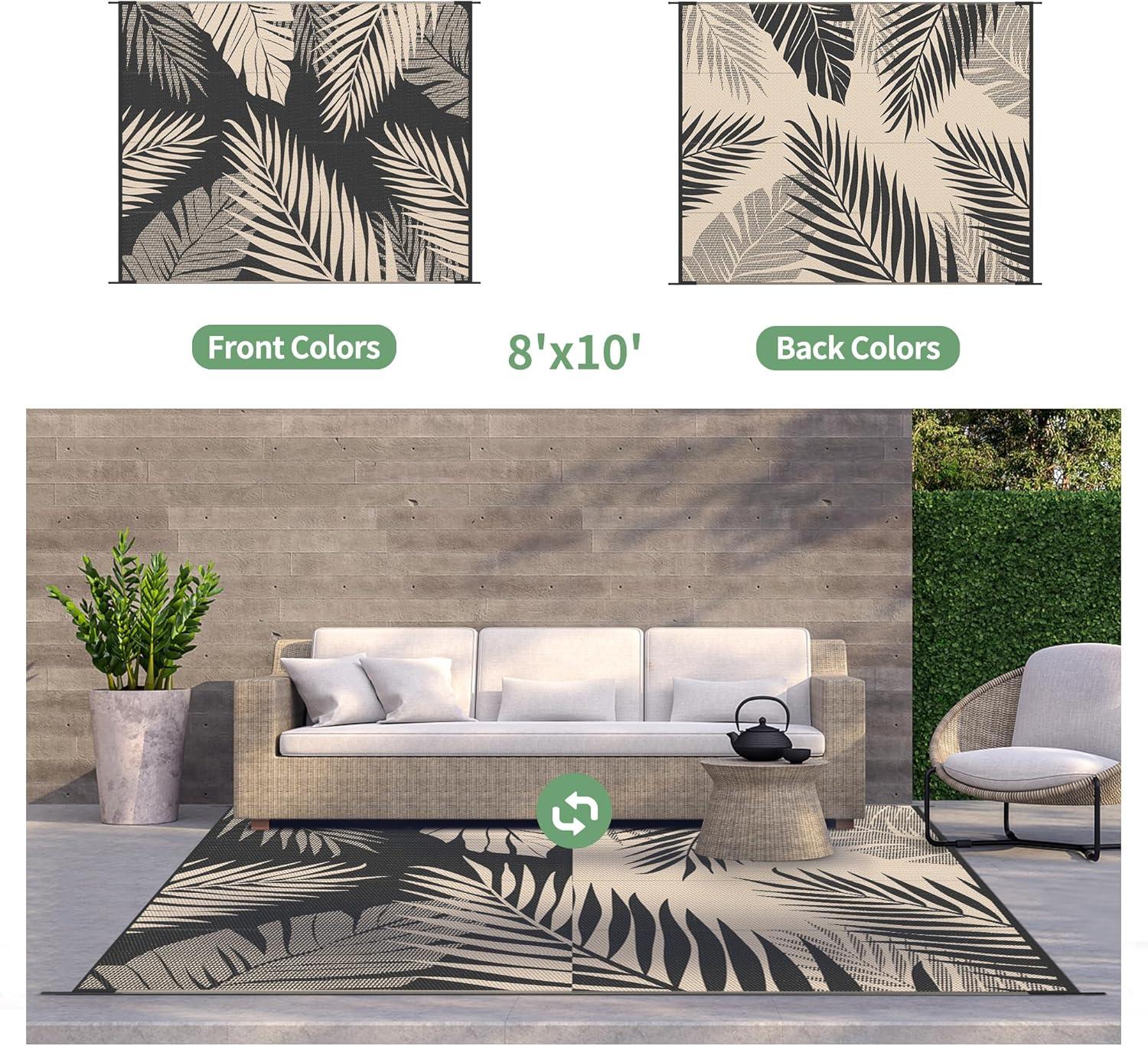 imageGENIMO Outdoor Rug 5 x 8 Waterproof for Patios Clearance Reversible Plastic Straw Camping Carpet Large Area Rugs Mats for RV Picnic Backyard Deck Balcony Porch Beach GreyampampWhiteBlack Beige Waterproof