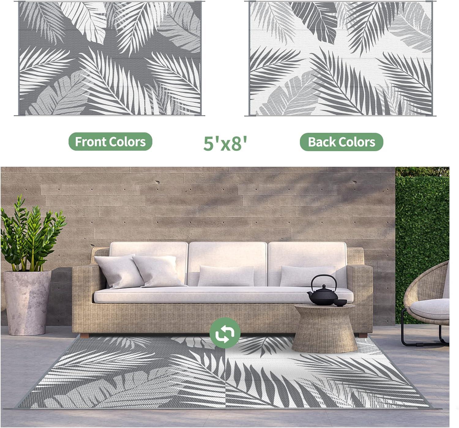 imageGENIMO Outdoor Rug 5 x 8 Waterproof for Patios Clearance Reversible Plastic Straw Camping Carpet Large Area Rugs Mats for RV Picnic Backyard Deck Balcony Porch Beach GreyampampWhiteGrey White Waterproof