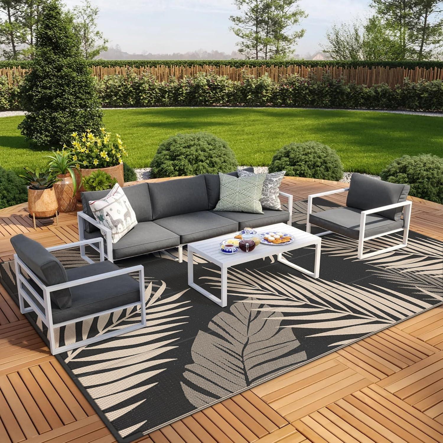 imageGENIMO Outdoor Rug 5 x 8 Waterproof for Patios Clearance Reversible Plastic Straw Camping Carpet Large Area Rugs Mats for RV Picnic Backyard Deck Balcony Porch Beach GreyampampWhiteBlack Beige Waterproof