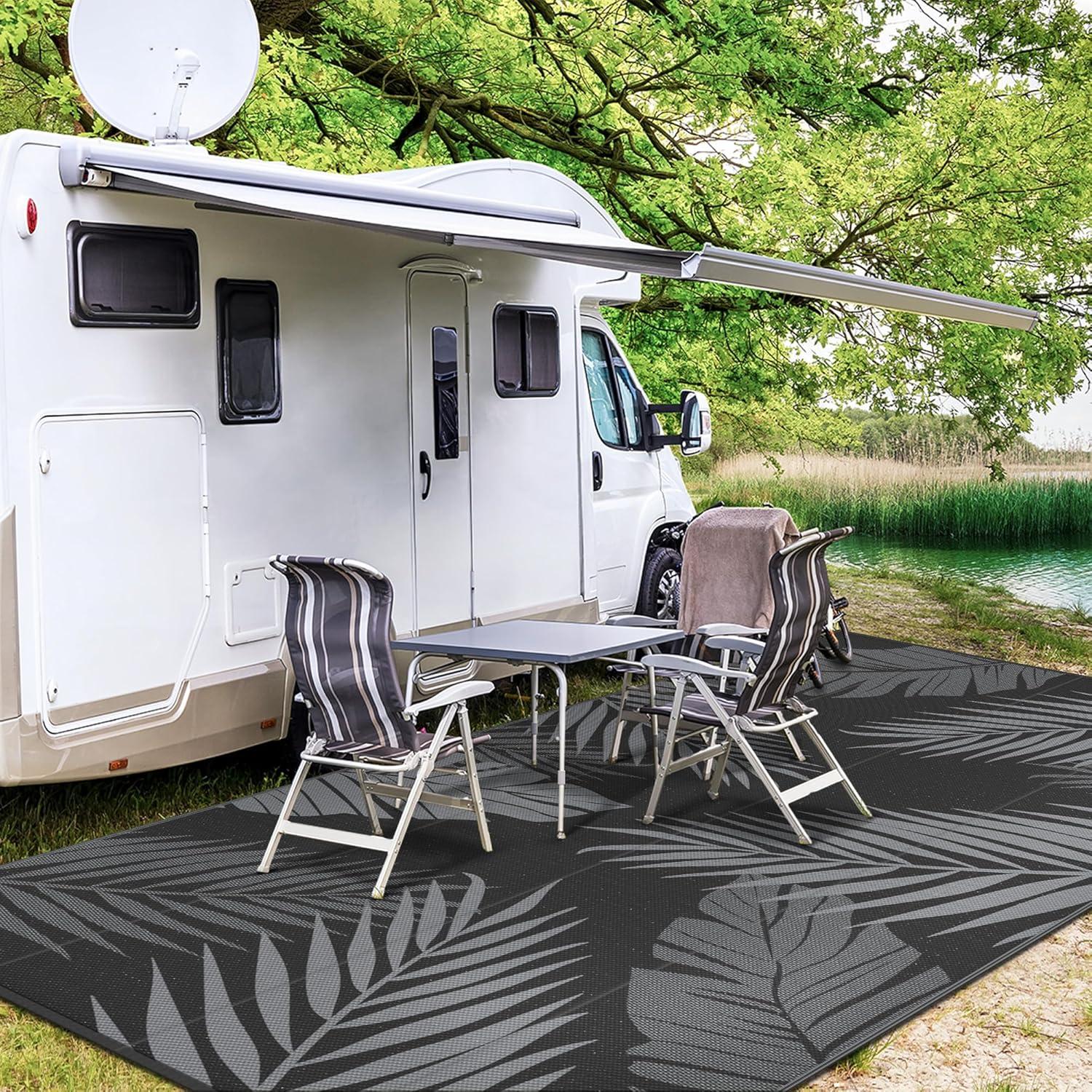 imageGENIMO Outdoor Rug 5 x 8 Waterproof for Patios Clearance Reversible Plastic Straw Camping Carpet Large Area Rugs Mats for RV Picnic Backyard Deck Balcony Porch Beach GreyampampWhiteBlack Grey Waterproof