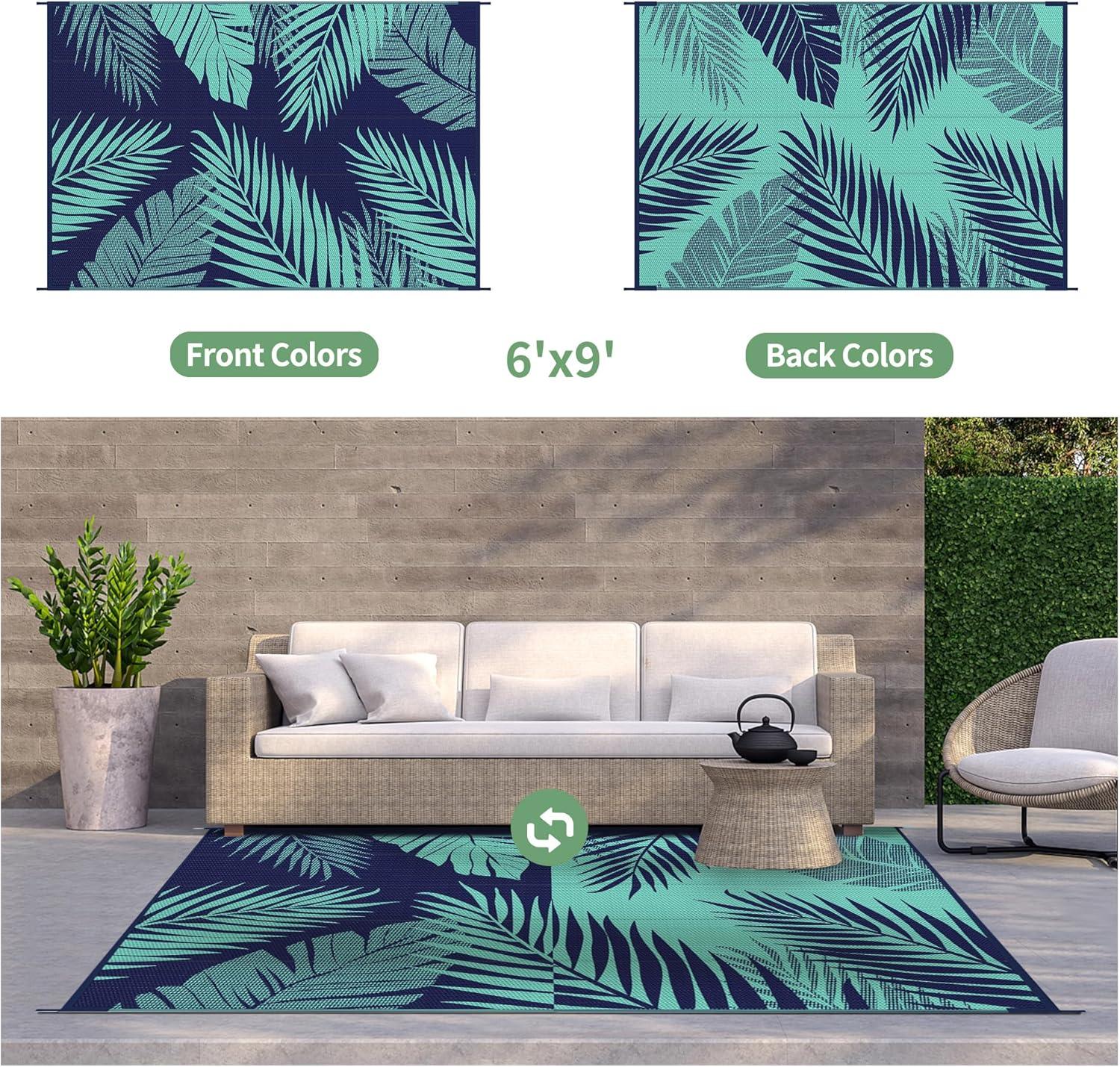 imageGENIMO Outdoor Rug 5 x 8 Waterproof for Patios Clearance Reversible Plastic Straw Camping Carpet Large Area Rugs Mats for RV Picnic Backyard Deck Balcony Porch Beach GreyampampWhiteNavy Blue Jade Green Waterproof