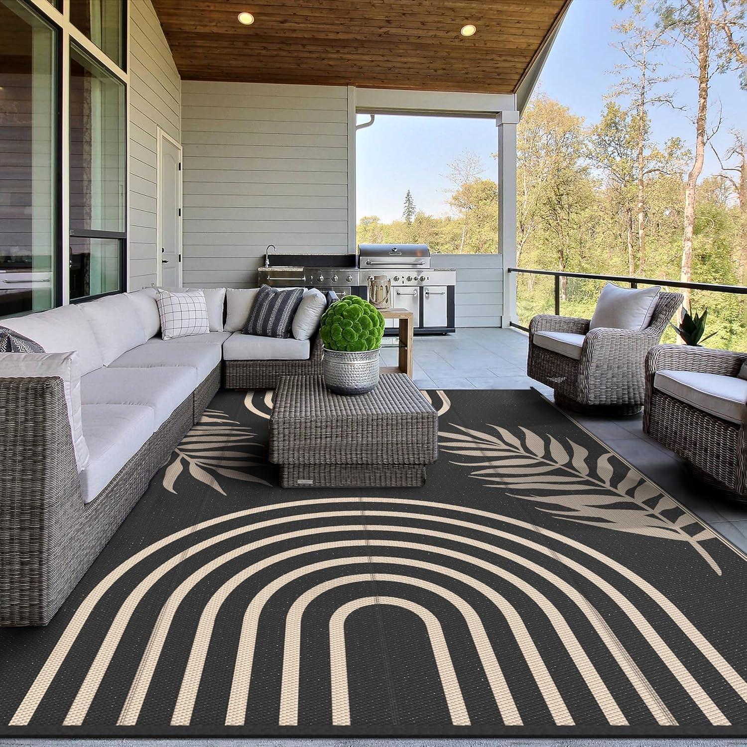 imageGENIMO Outdoor Rug 5 x 8 Waterproof for Patios Clearance Reversible Plastic Straw Camping Carpet Large Area Rugs Mats for RV Picnic Backyard Deck Balcony Porch Beach GreyampampWhiteMixblack Beige