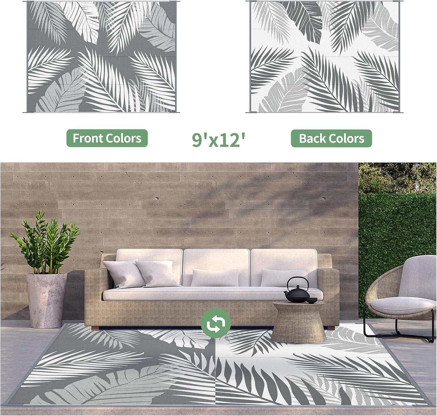 imageGENIMO Outdoor Rug 5 x 8 Waterproof for Patios Clearance Reversible Plastic Straw Camping Carpet Large Area Rugs Mats for RV Picnic Backyard Deck Balcony Porch Beach GreyampampWhiteGrey White Waterproof
