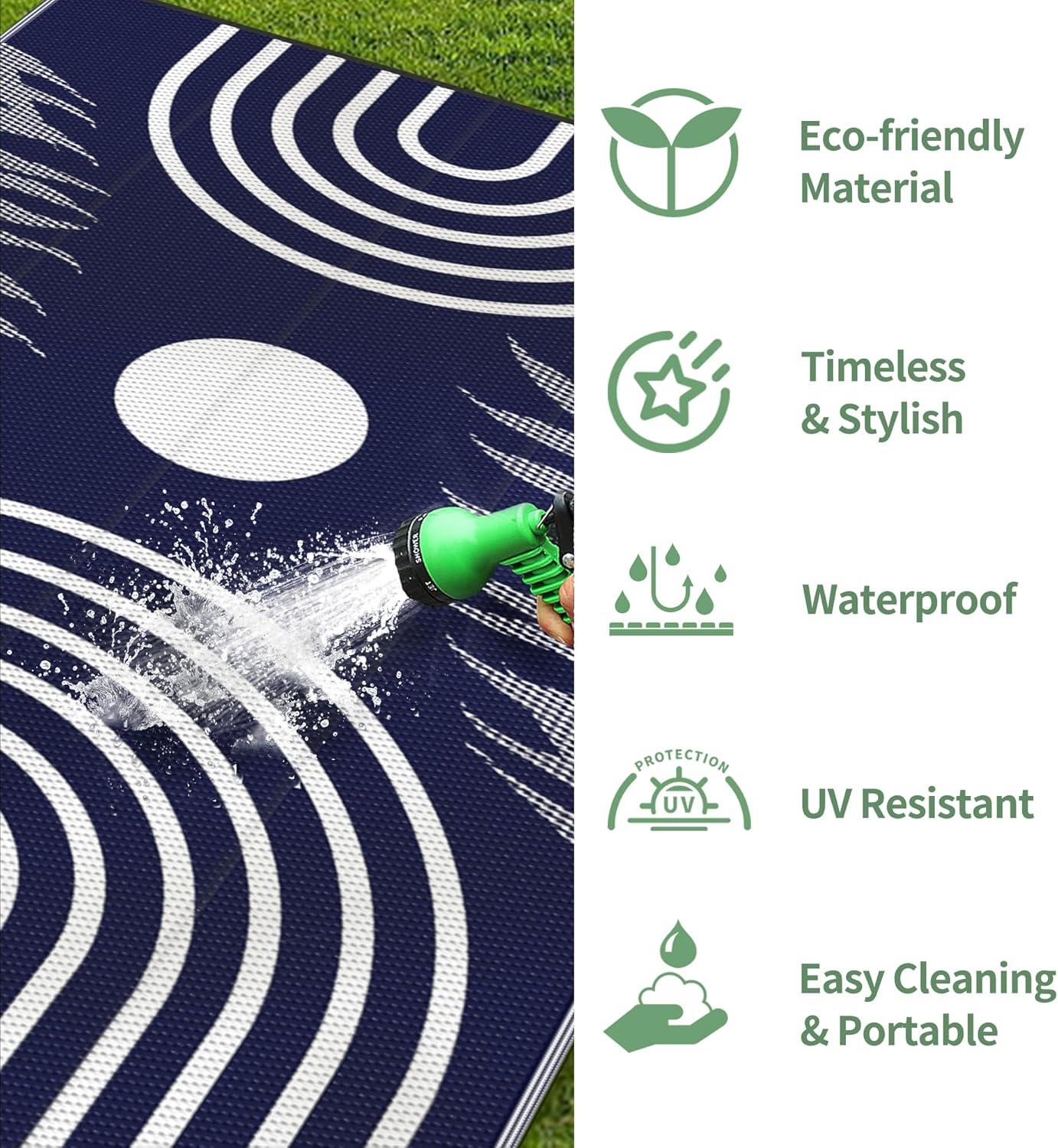 imageGENIMO Outdoor Rug 5 x 8 Waterproof for Patios Clearance Reversible Plastic Straw Camping Carpet Large Area Rugs Mats for RV Picnic Backyard Deck Balcony Porch Beach GreyampampWhiteMixblue White