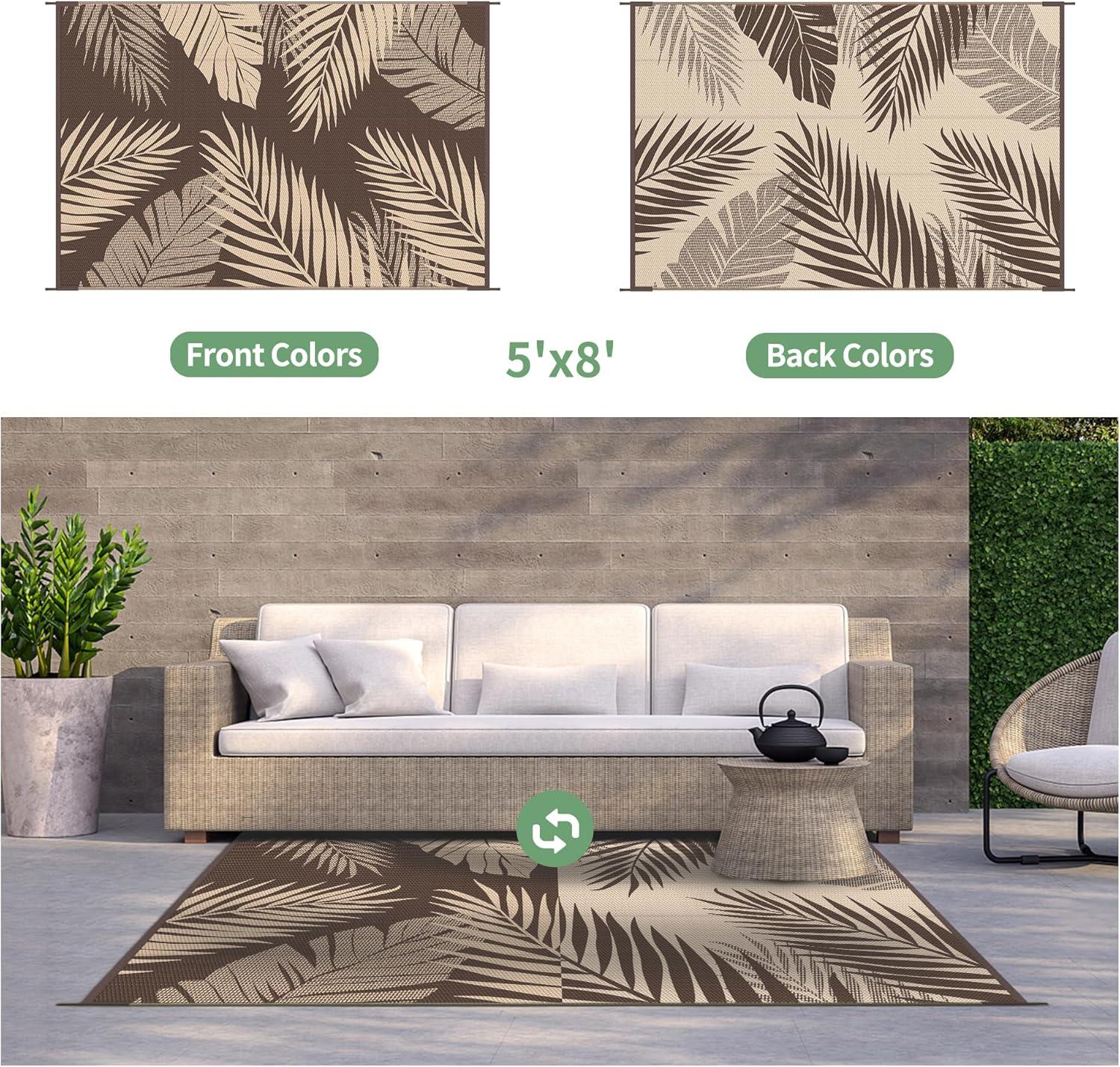 imageGENIMO Outdoor Rug 5 x 8 Waterproof for Patios Clearance Reversible Plastic Straw Camping Carpet Large Area Rugs Mats for RV Picnic Backyard Deck Balcony Porch Beach GreyampampWhiteCoffee Beige Waterproof